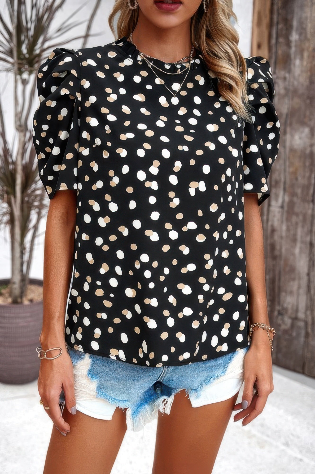 Puff Sleeves Allover Print Knot Loose Fit Top  Shop One Place