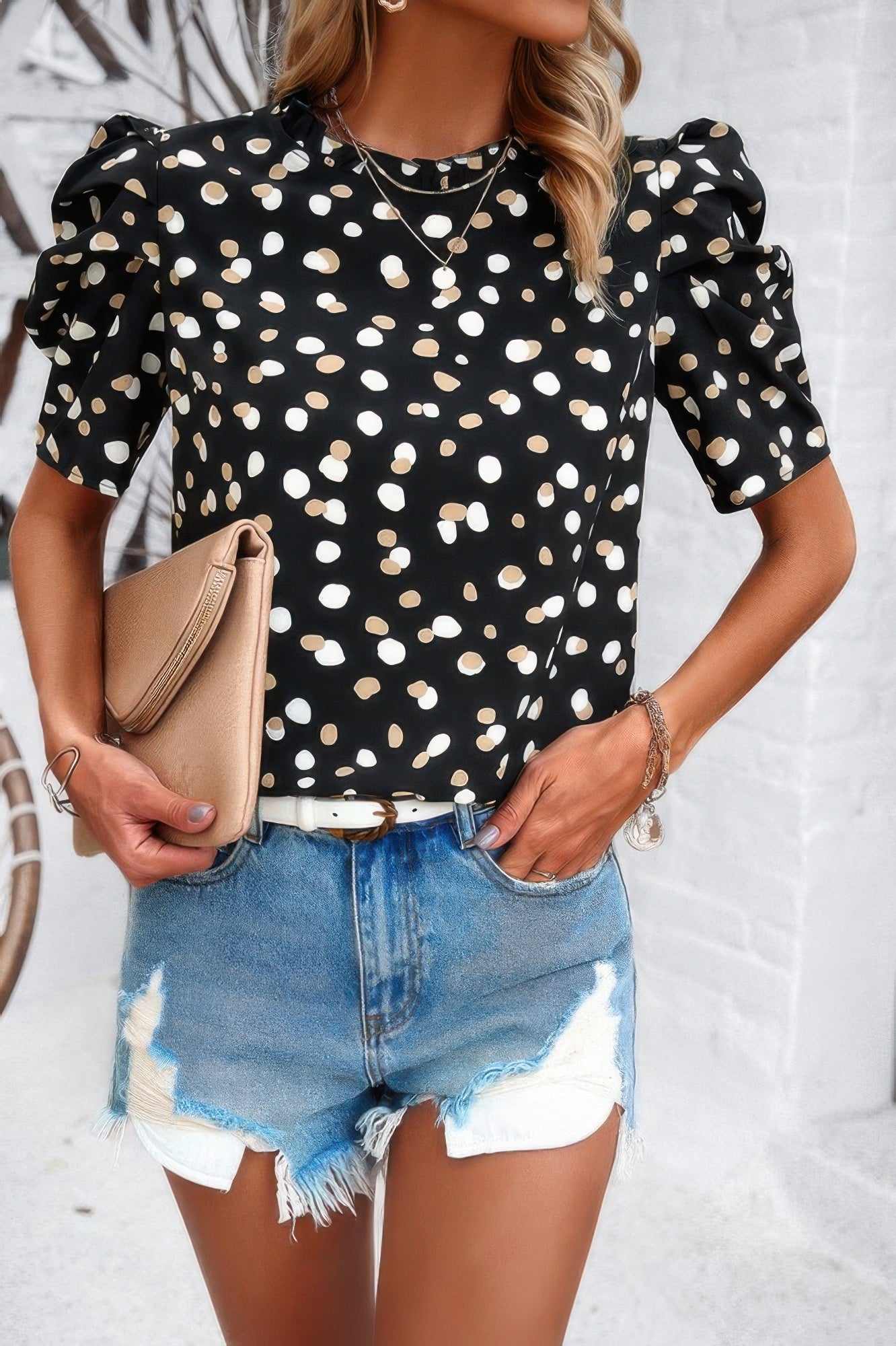 Puff Sleeves Allover Print Knot Loose Fit Top  Shop One Place