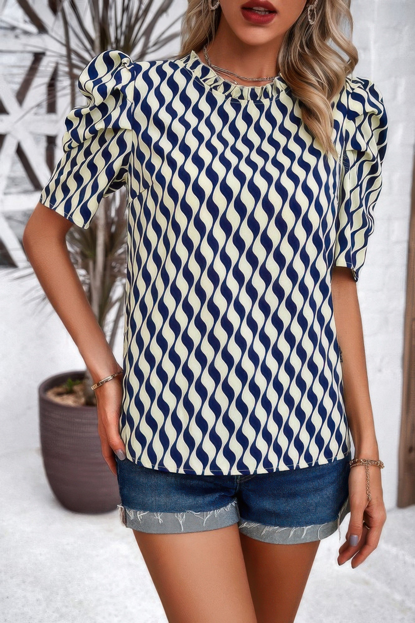 Puff Sleeves Allover Print Knot Loose Fit Top  Shop One Place