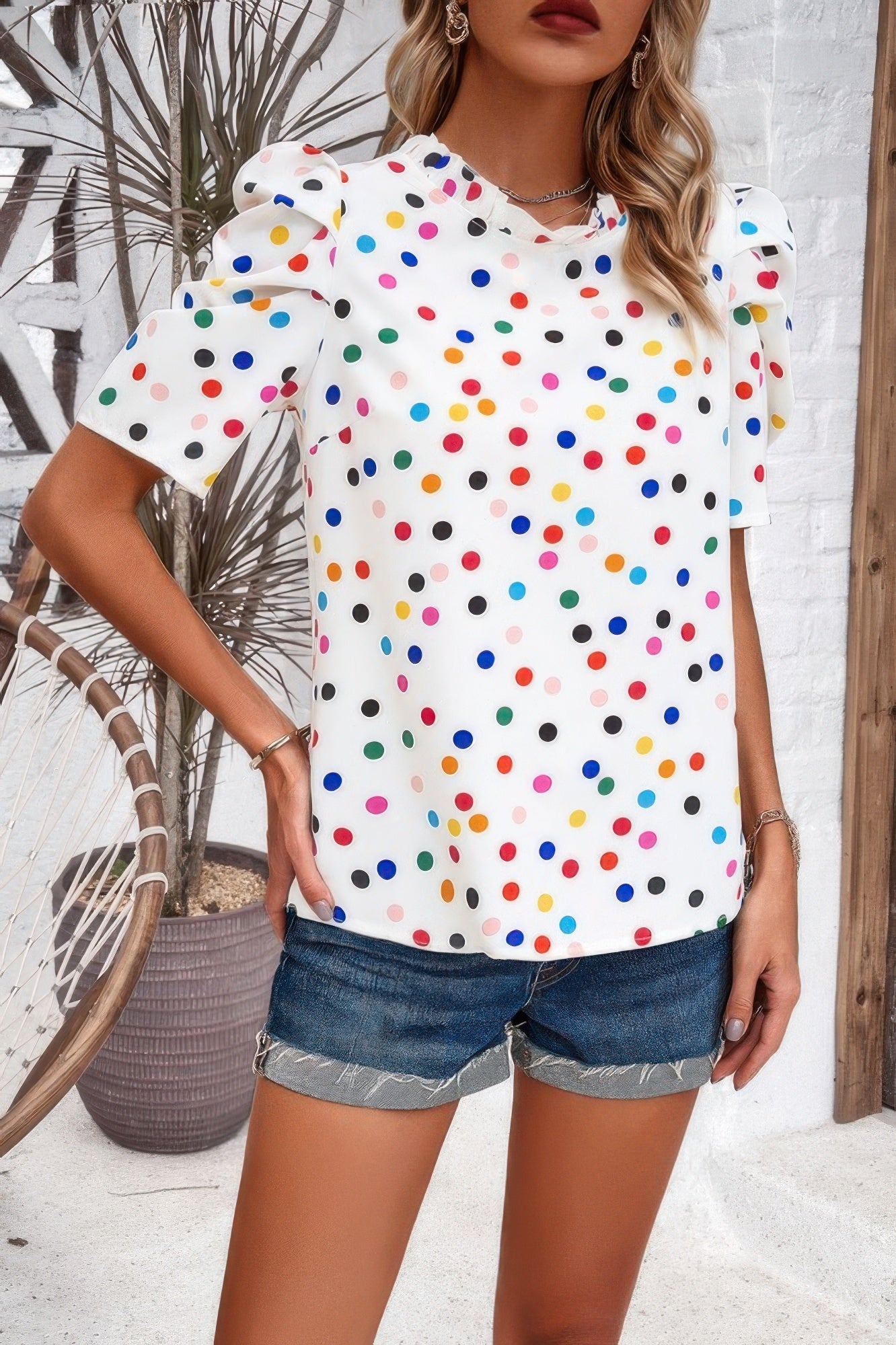 Puff Sleeves Allover Print Knot Loose Fit Top  Shop One Place