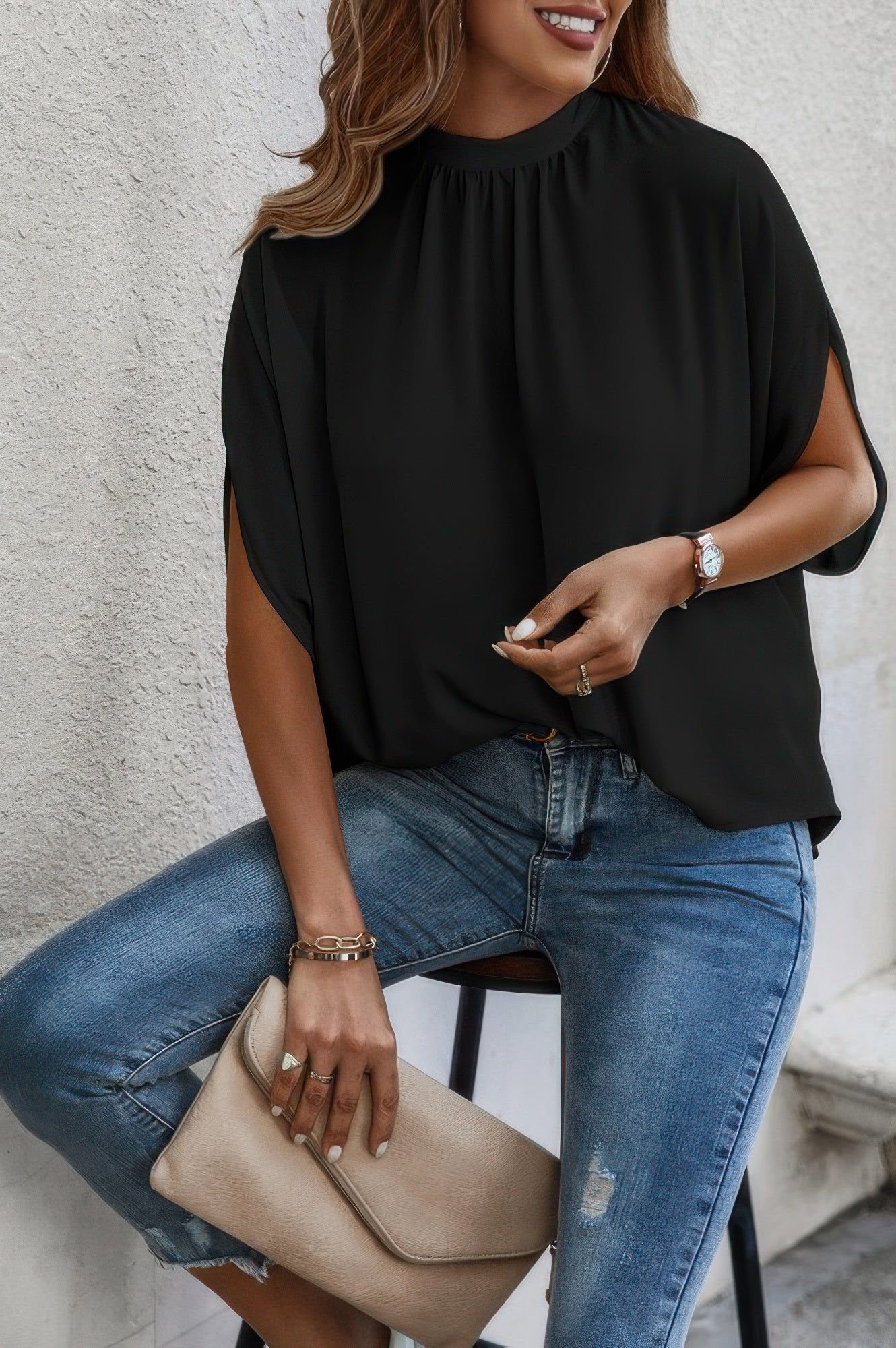 Mock Neck Batwing Sleeve Solid Loose Blouse  Shop One Place