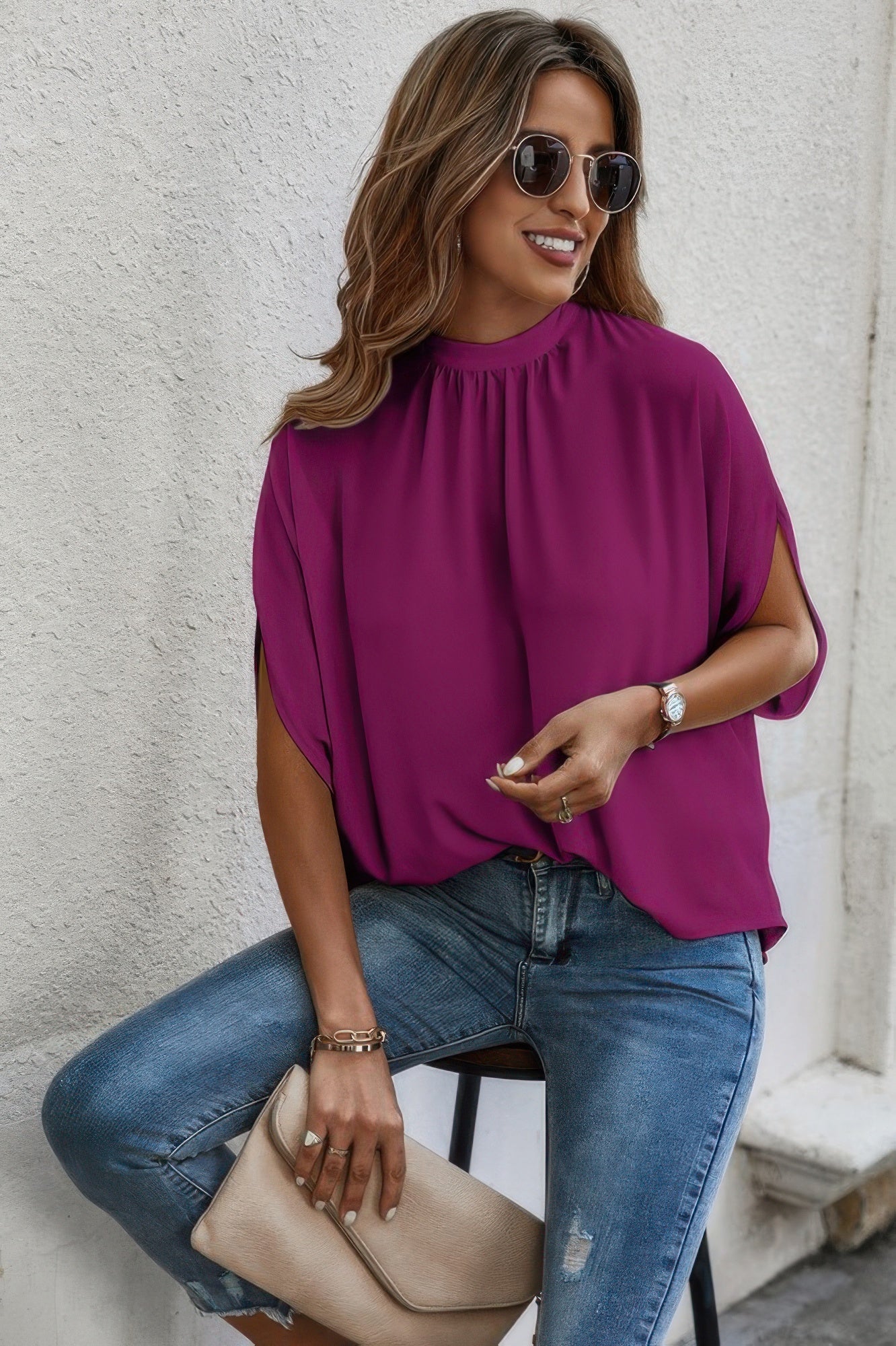 Mock Neck Batwing Sleeve Solid Loose Blouse  Shop One Place