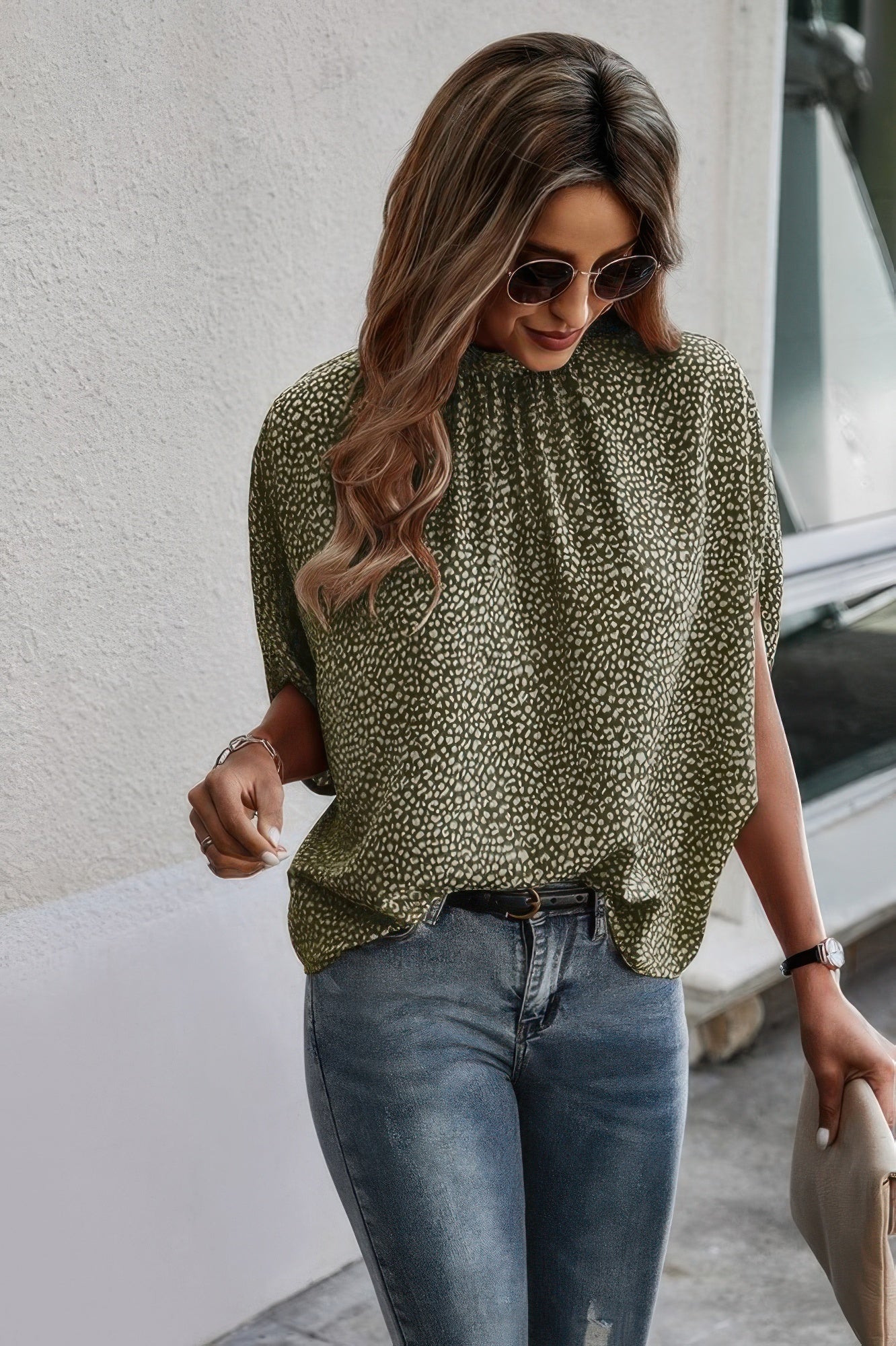 Mock Neck Batwing Sleeve Solid Loose Blouse  Shop One Place
