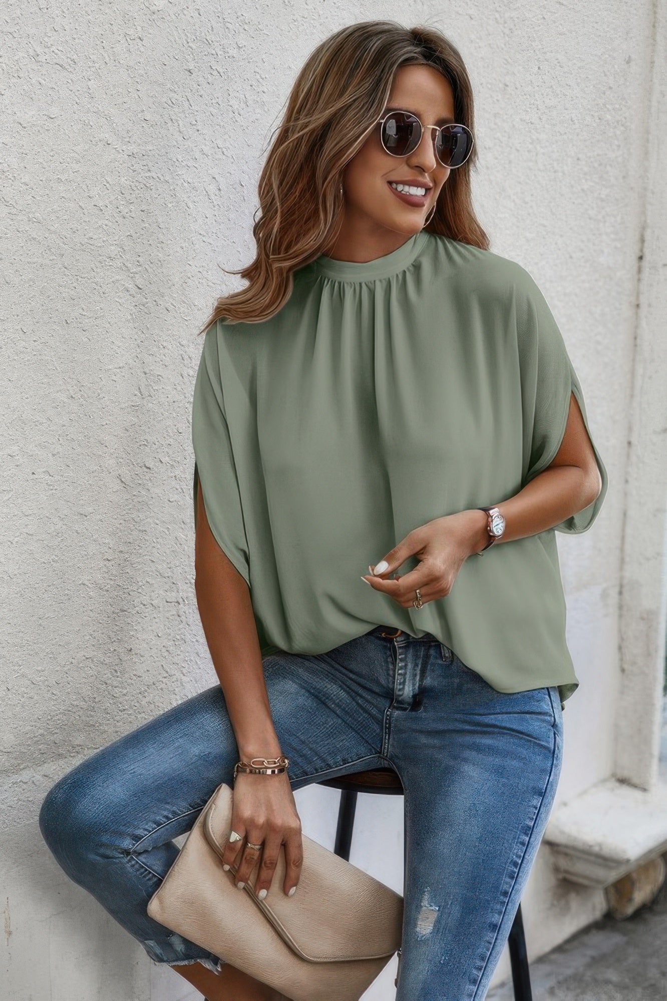 Mock Neck Batwing Sleeve Solid Loose Blouse  Shop One Place