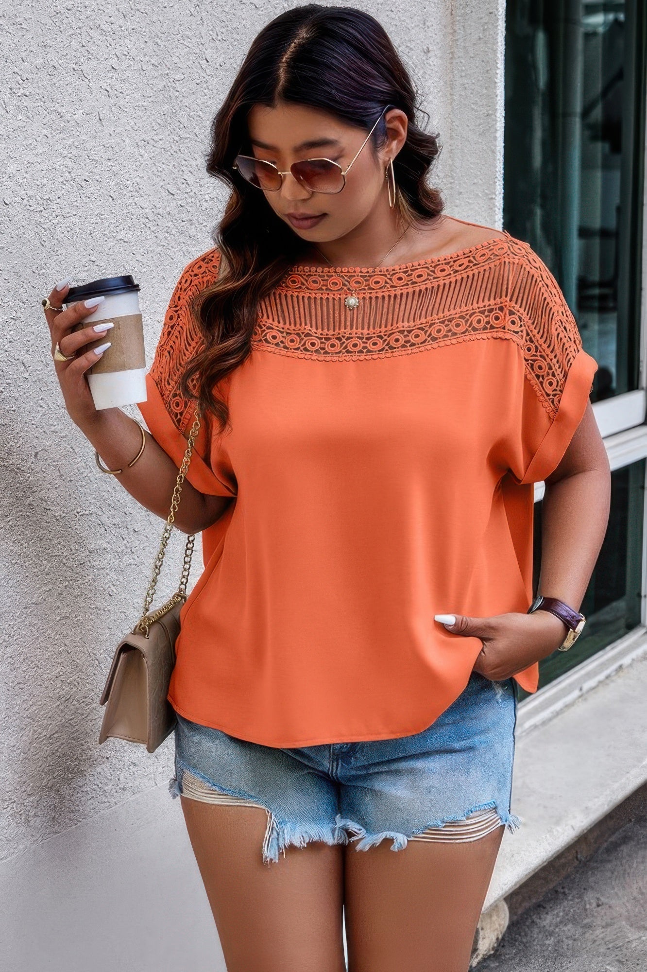 Lace Plus Pattern Printed Batwing Sleeve Blouse  Shop One Place
