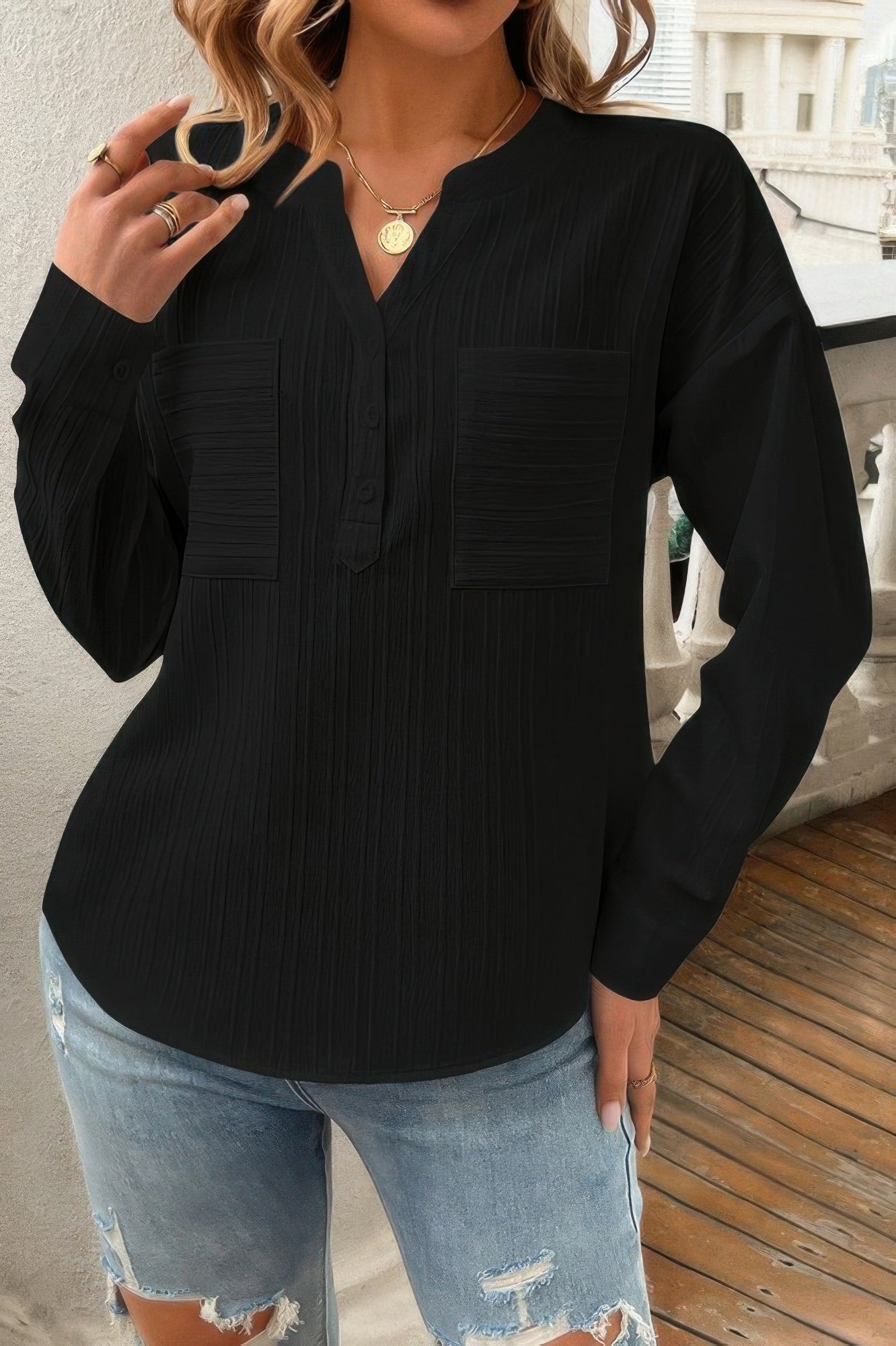 Solid Buttons V Neck Elegant Front Pockets Blouse  Shop One Place