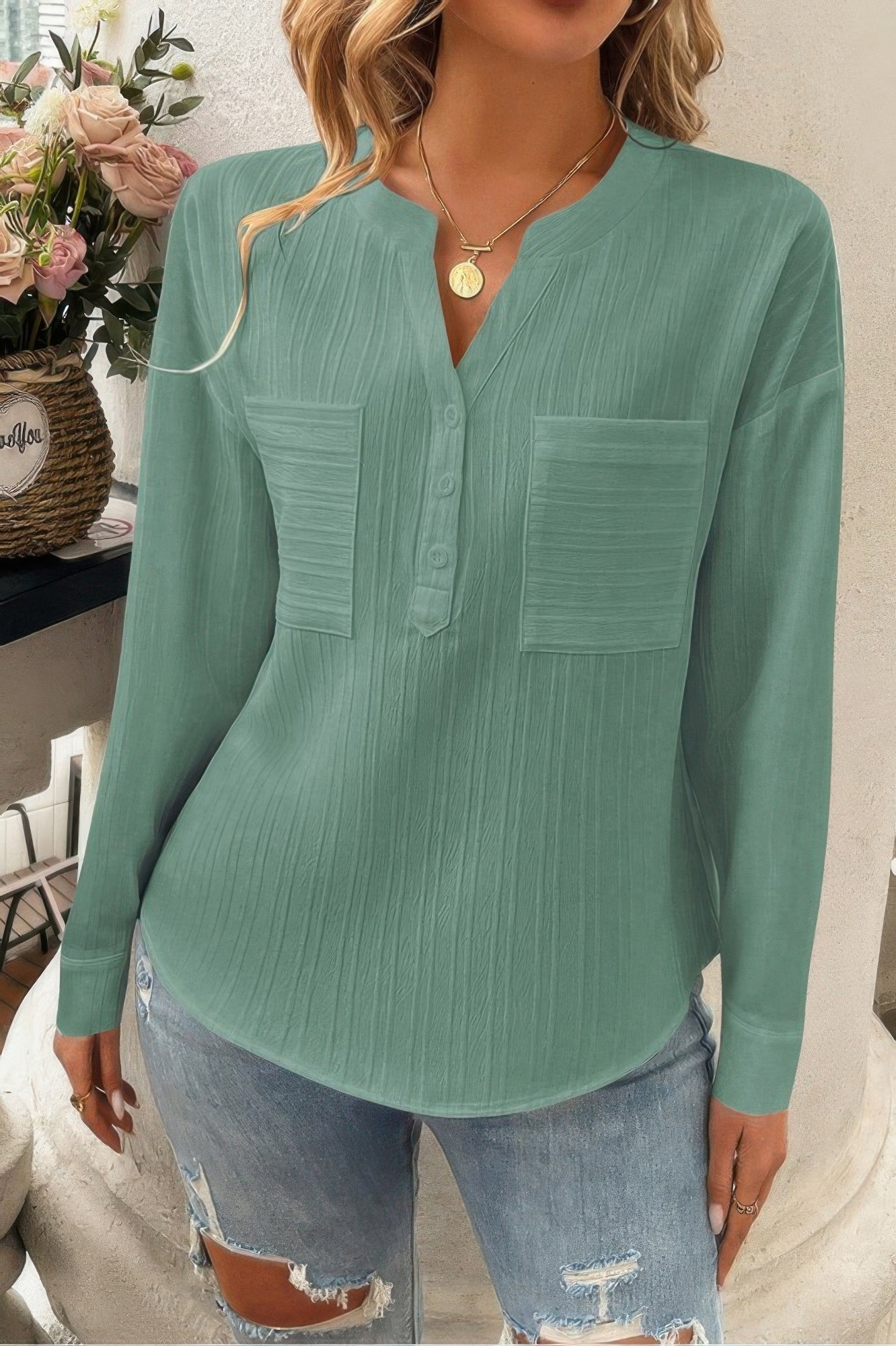 Solid Buttons V Neck Elegant Front Pockets Blouse  Shop One Place