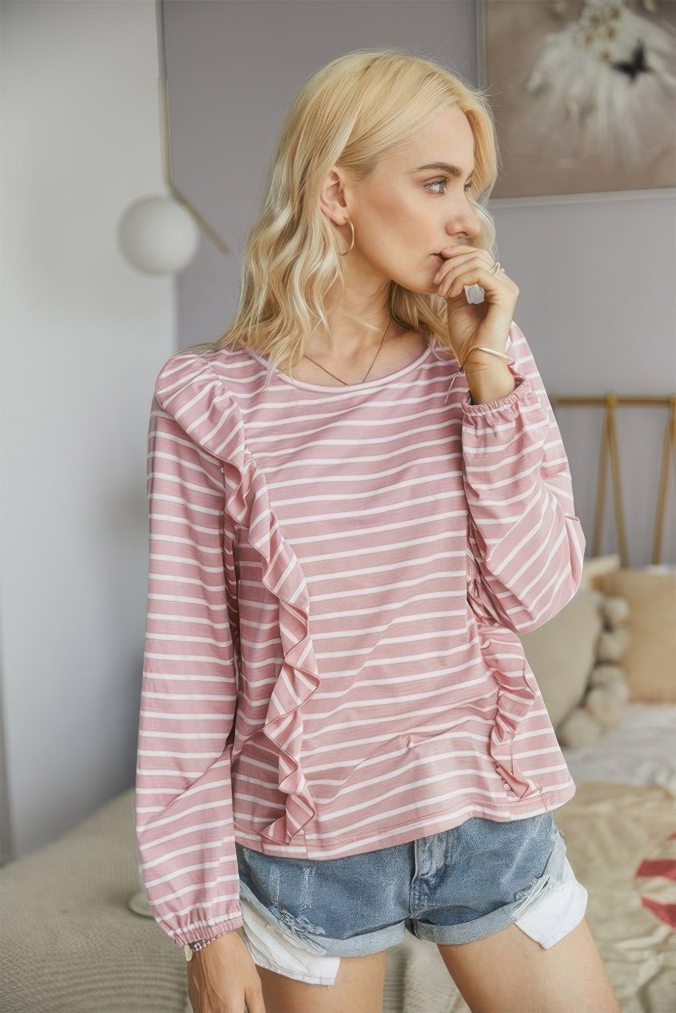 Crew Neck Ruffles Long Sleeves Knitted Striped Shirt  Shop One Place
