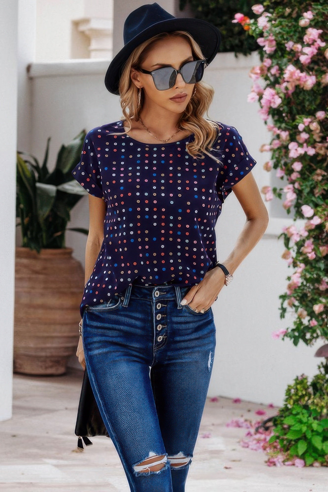 Scoop Neck Polka Dot Batwing Sleeve Blouse  Shop One Place