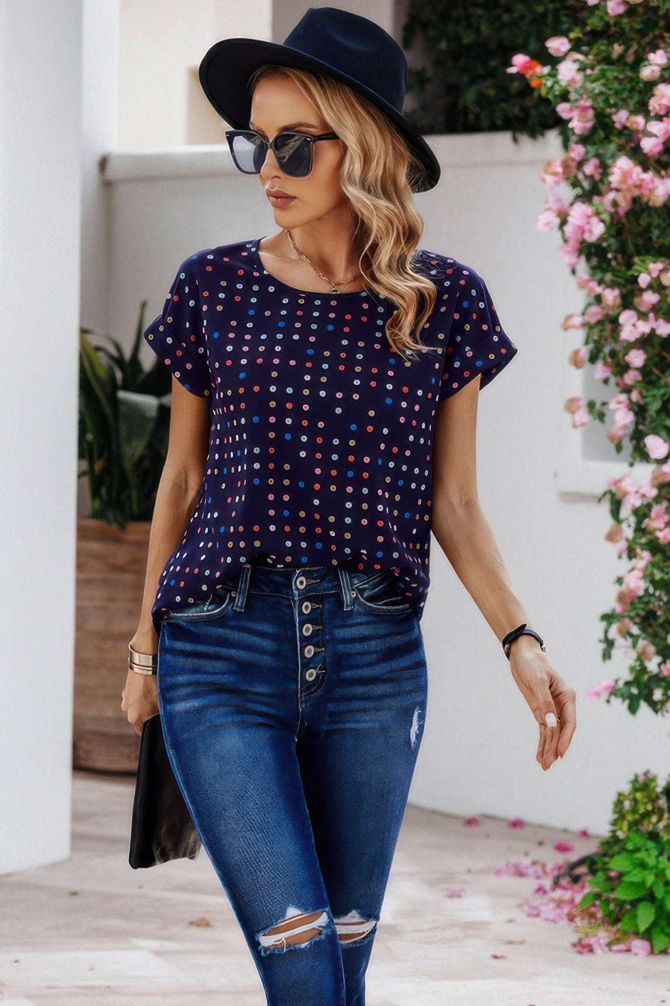 Scoop Neck Polka Dot Batwing Sleeve Blouse  Shop One Place