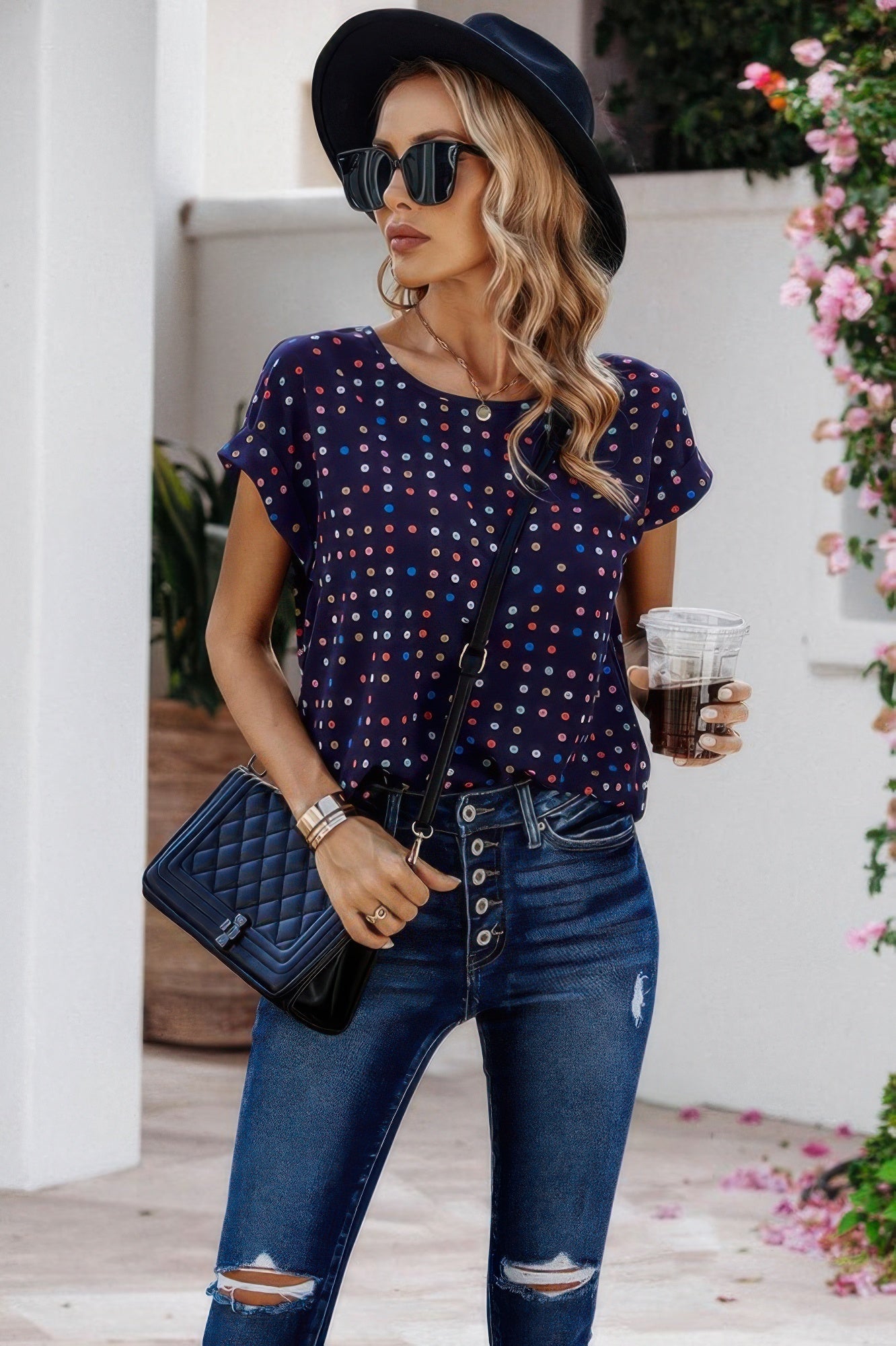Scoop Neck Polka Dot Batwing Sleeve Blouse  Shop One Place