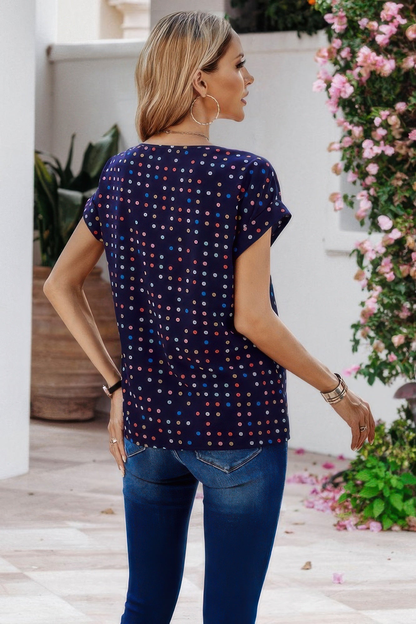 Scoop Neck Polka Dot Batwing Sleeve Blouse  Shop One Place