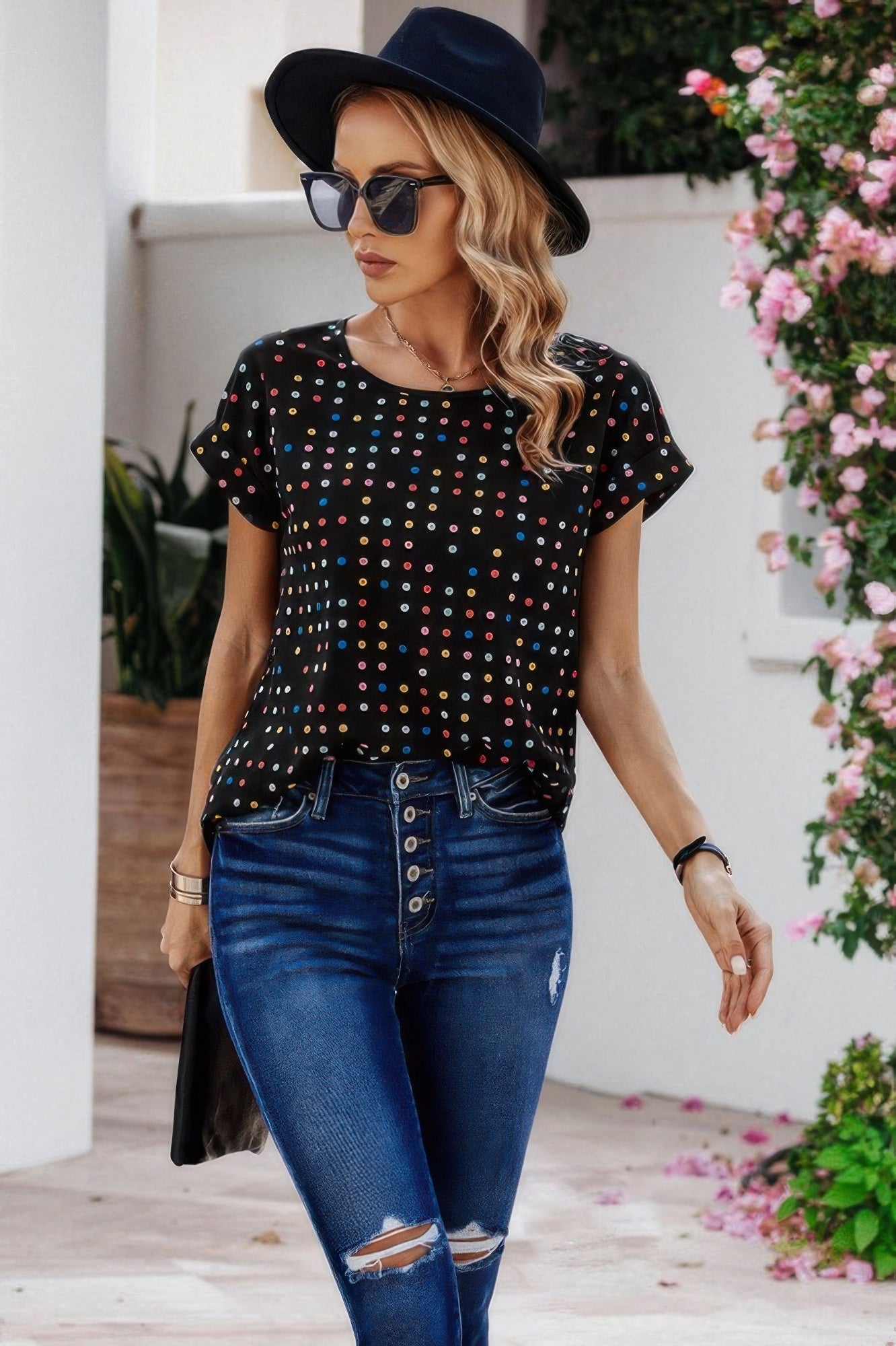 Scoop Neck Polka Dot Batwing Sleeve Blouse  Shop One Place