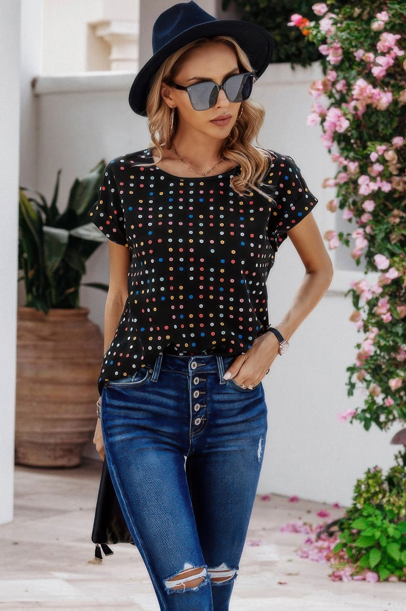 Scoop Neck Polka Dot Batwing Sleeve Blouse  Shop One Place