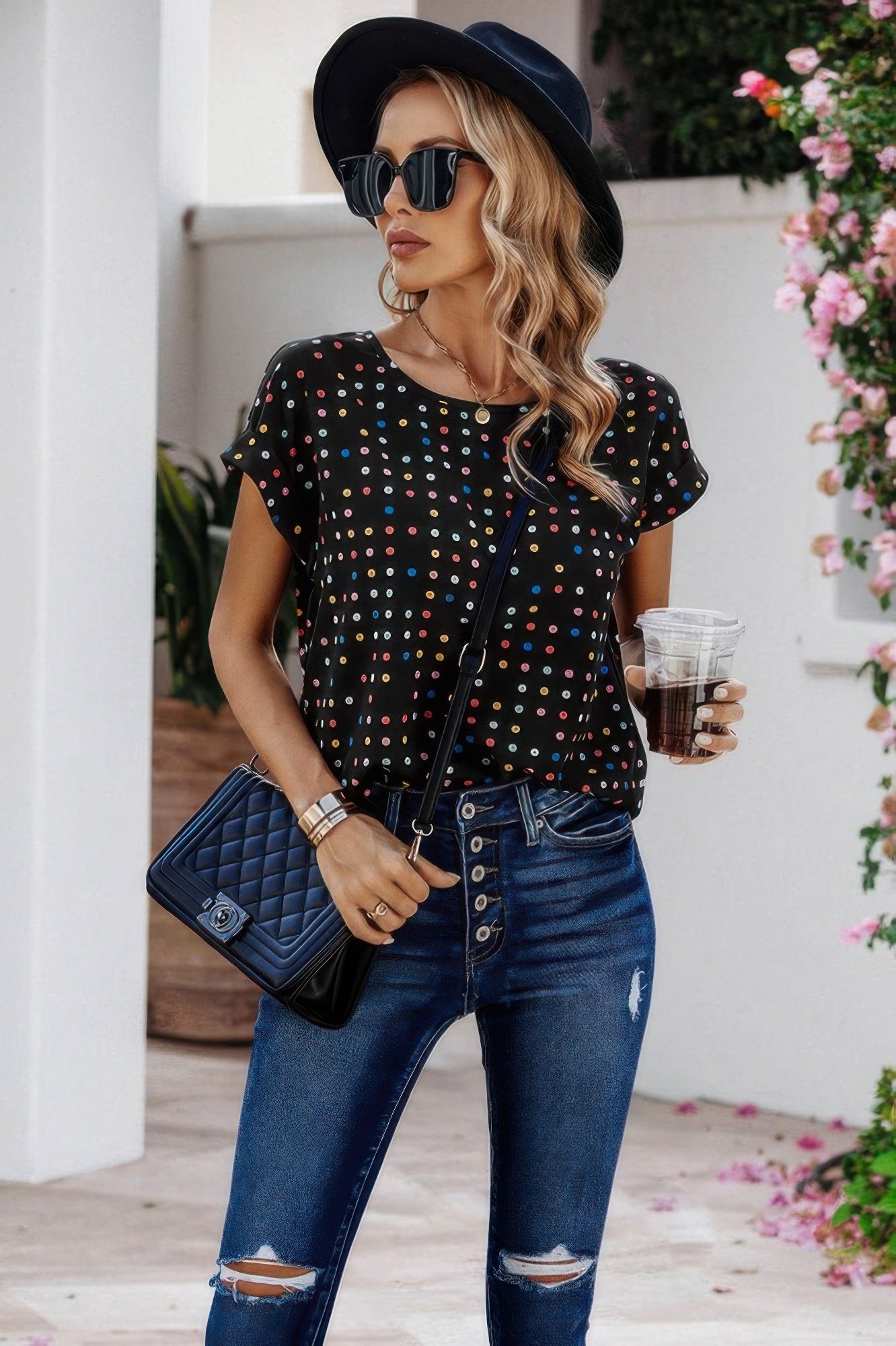 Scoop Neck Polka Dot Batwing Sleeve Blouse  Shop One Place