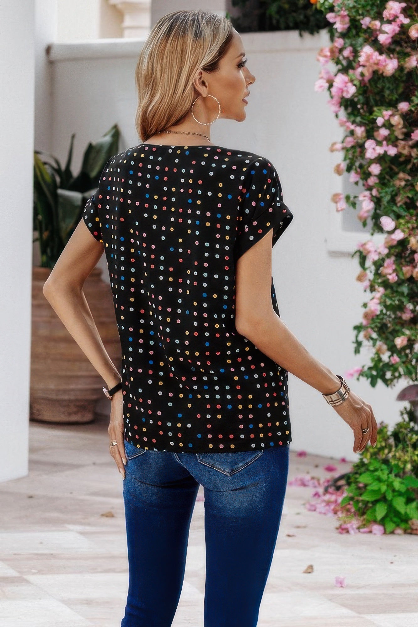 Scoop Neck Polka Dot Batwing Sleeve Blouse  Shop One Place