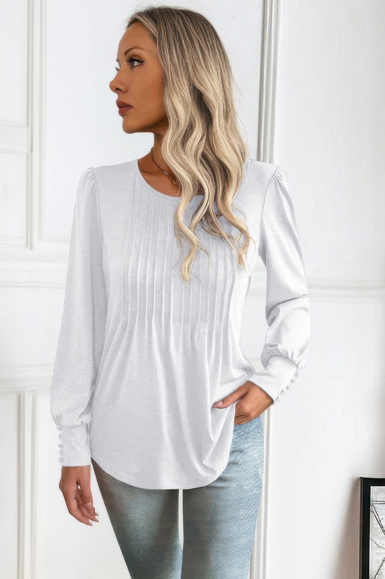 Crew Neck Pleated Long Puff Lantern Sleeve Knit Shirt  Shop One Place
