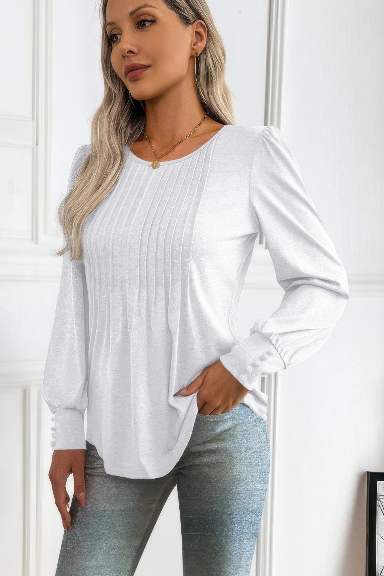 Crew Neck Pleated Long Puff Lantern Sleeve Knit Shirt  Shop One Place