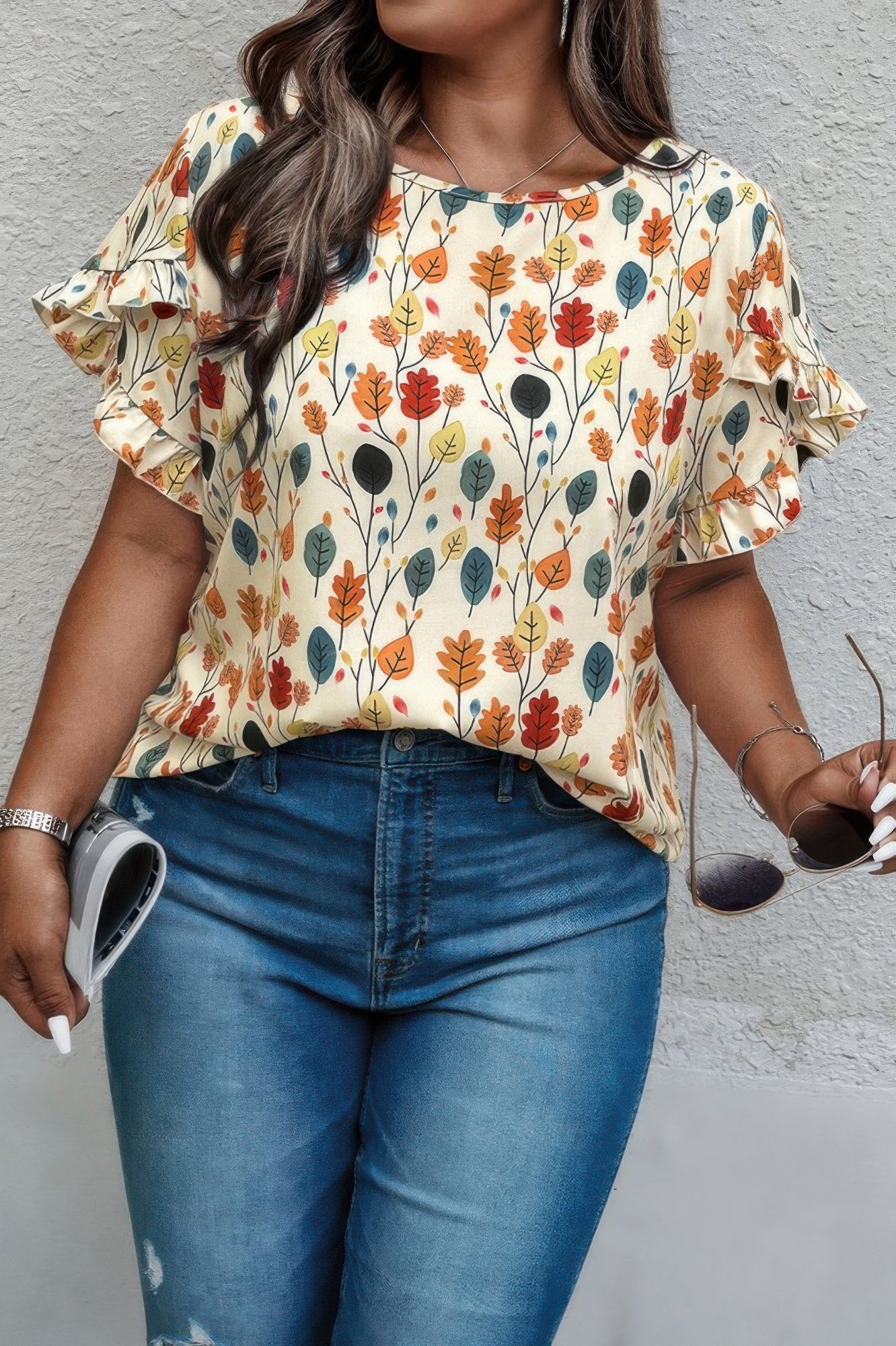Plus Round Neck Floral Flounce Sleeve Loose Shirt  Shop One Place