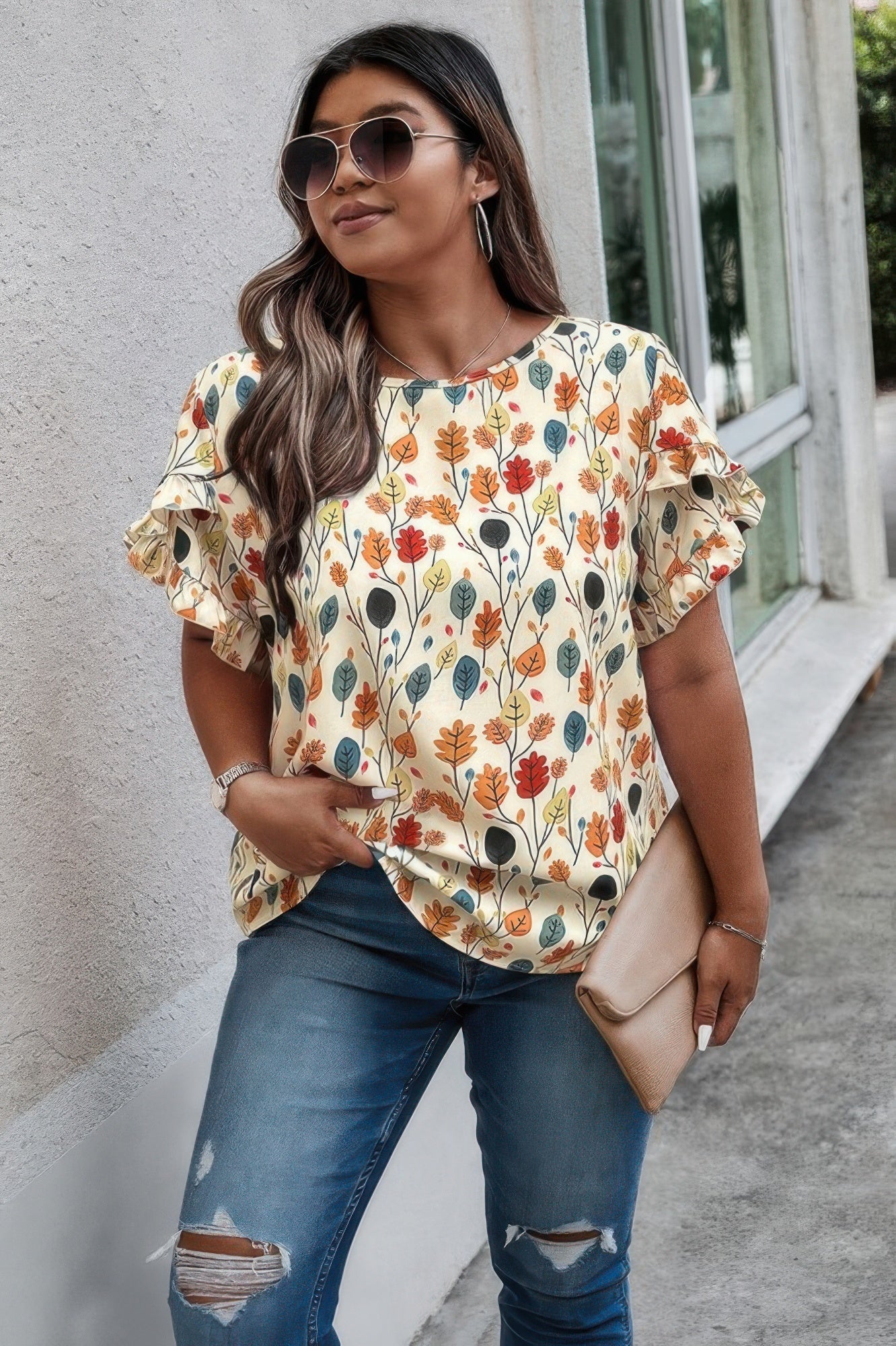Plus Round Neck Floral Flounce Sleeve Loose Shirt  Shop One Place