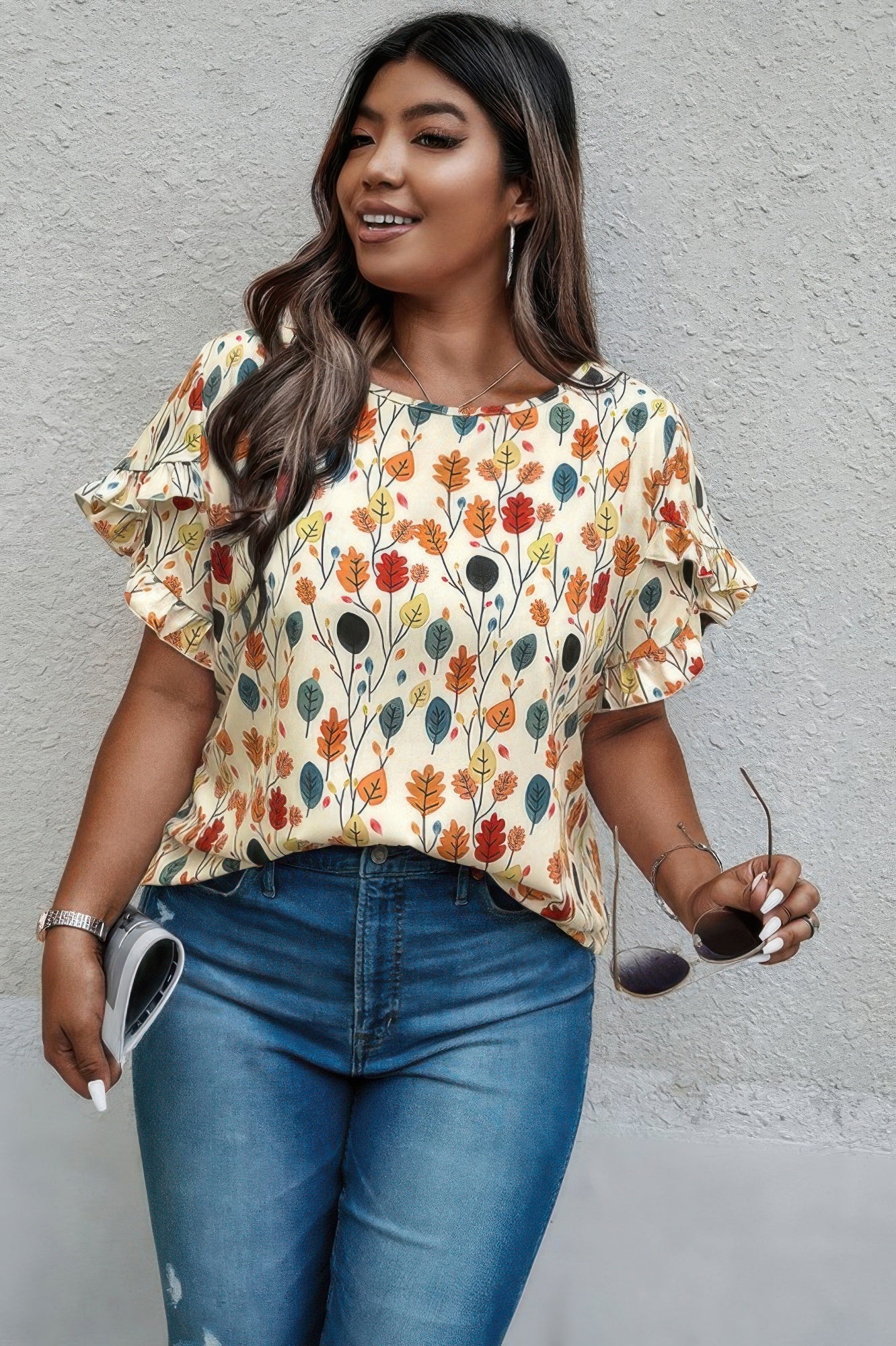 Plus Round Neck Floral Flounce Sleeve Loose Shirt  Shop One Place
