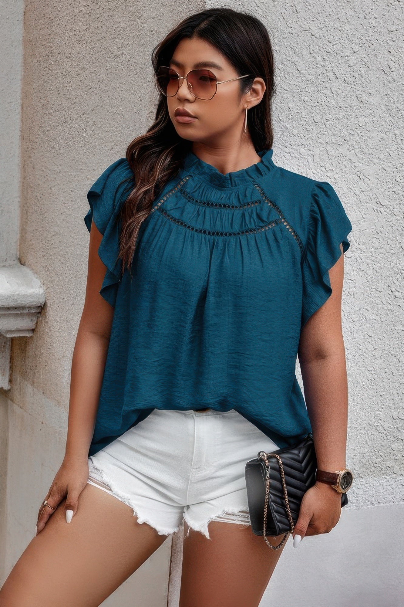 Plus Hollow Out Frill Collar Cap Sleeves Shirt  Shop One Place