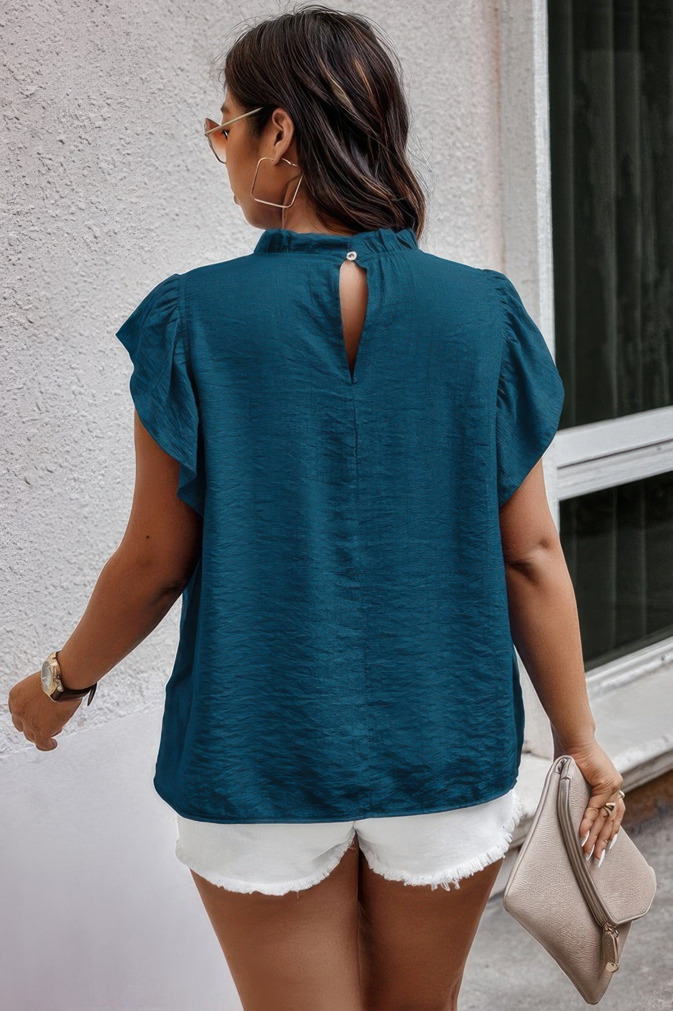 Plus Hollow Out Frill Collar Cap Sleeves Shirt  Shop One Place