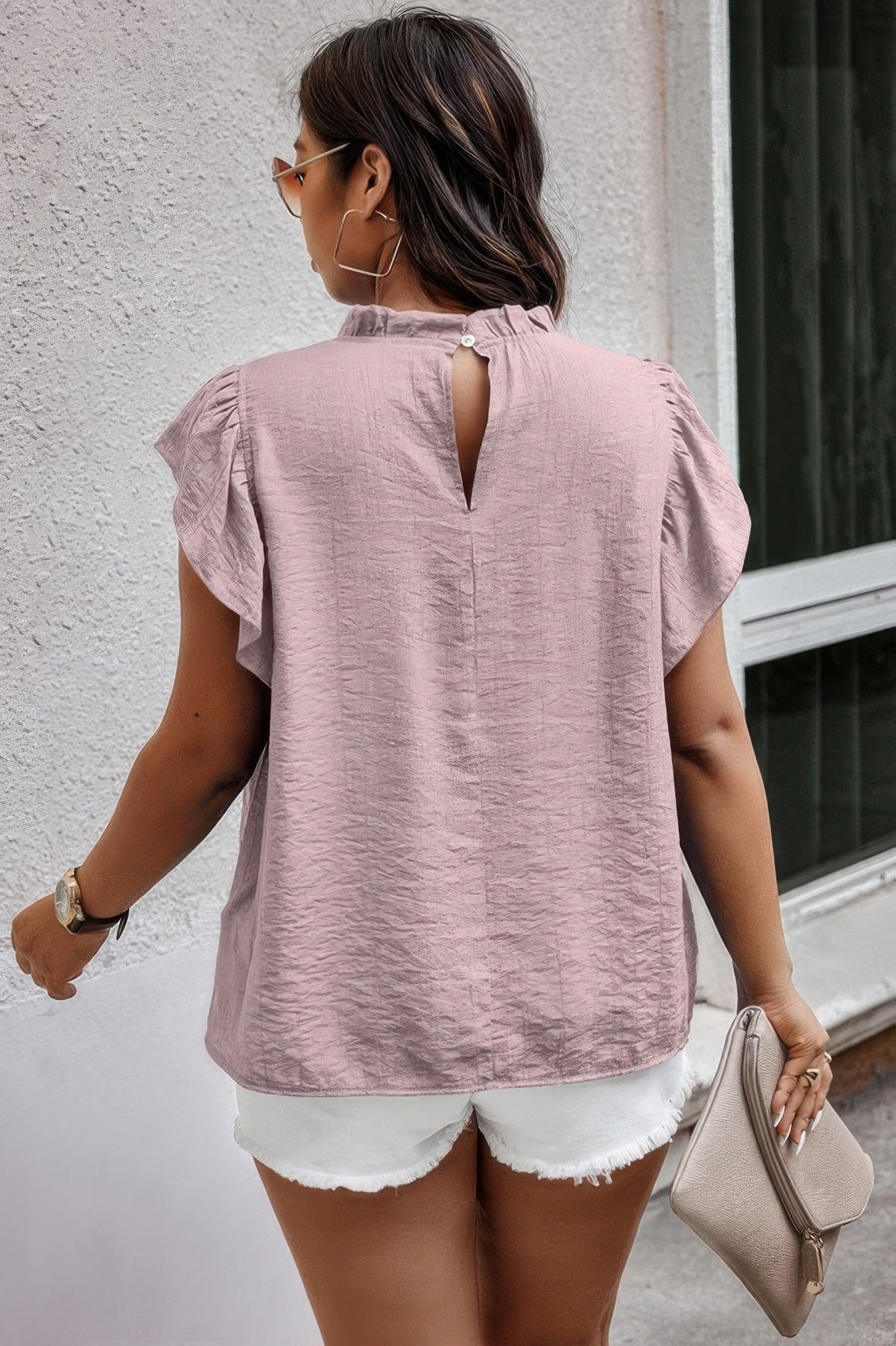 Plus Hollow Out Frill Collar Cap Sleeves Shirt  Shop One Place