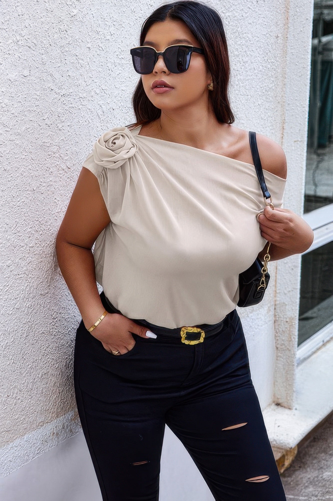 Plus One Shoulder Asymmetric Flower Decoration Shirt  Shop One Place