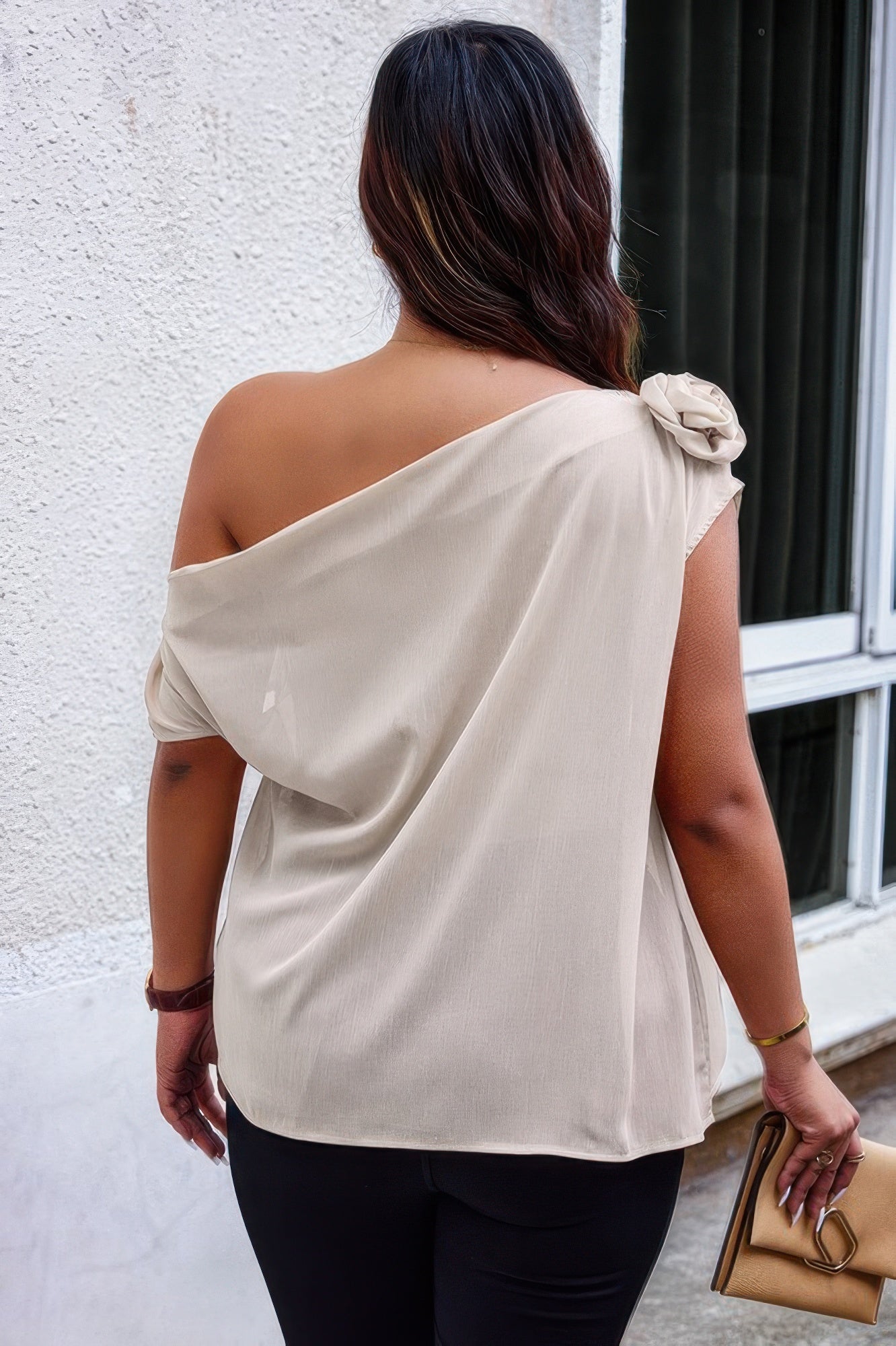 Plus One Shoulder Asymmetric Flower Decoration Shirt  Shop One Place