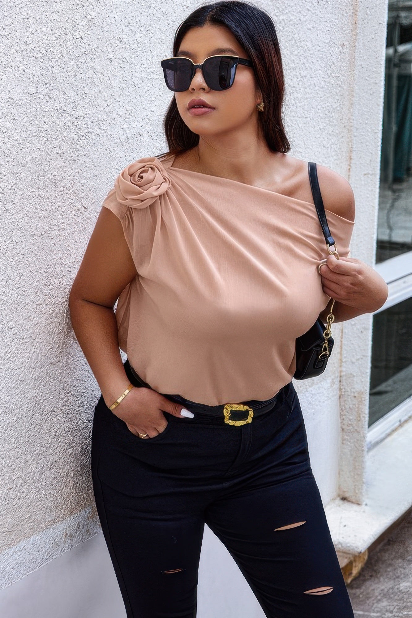 Plus One Shoulder Asymmetric Flower Decoration Shirt  Shop One Place