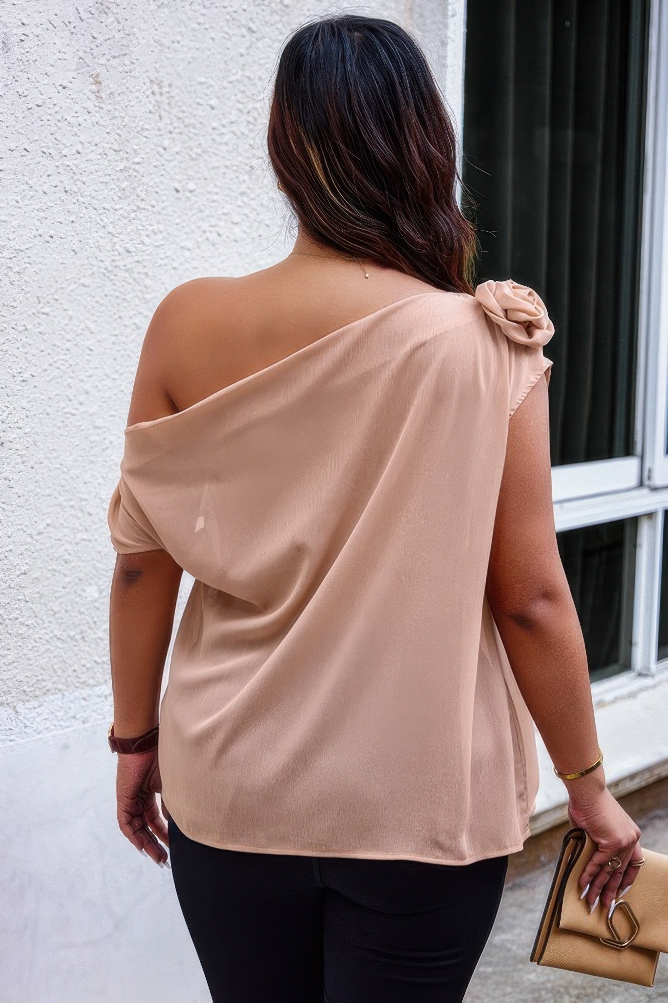 Plus One Shoulder Asymmetric Flower Decoration Shirt  Shop One Place