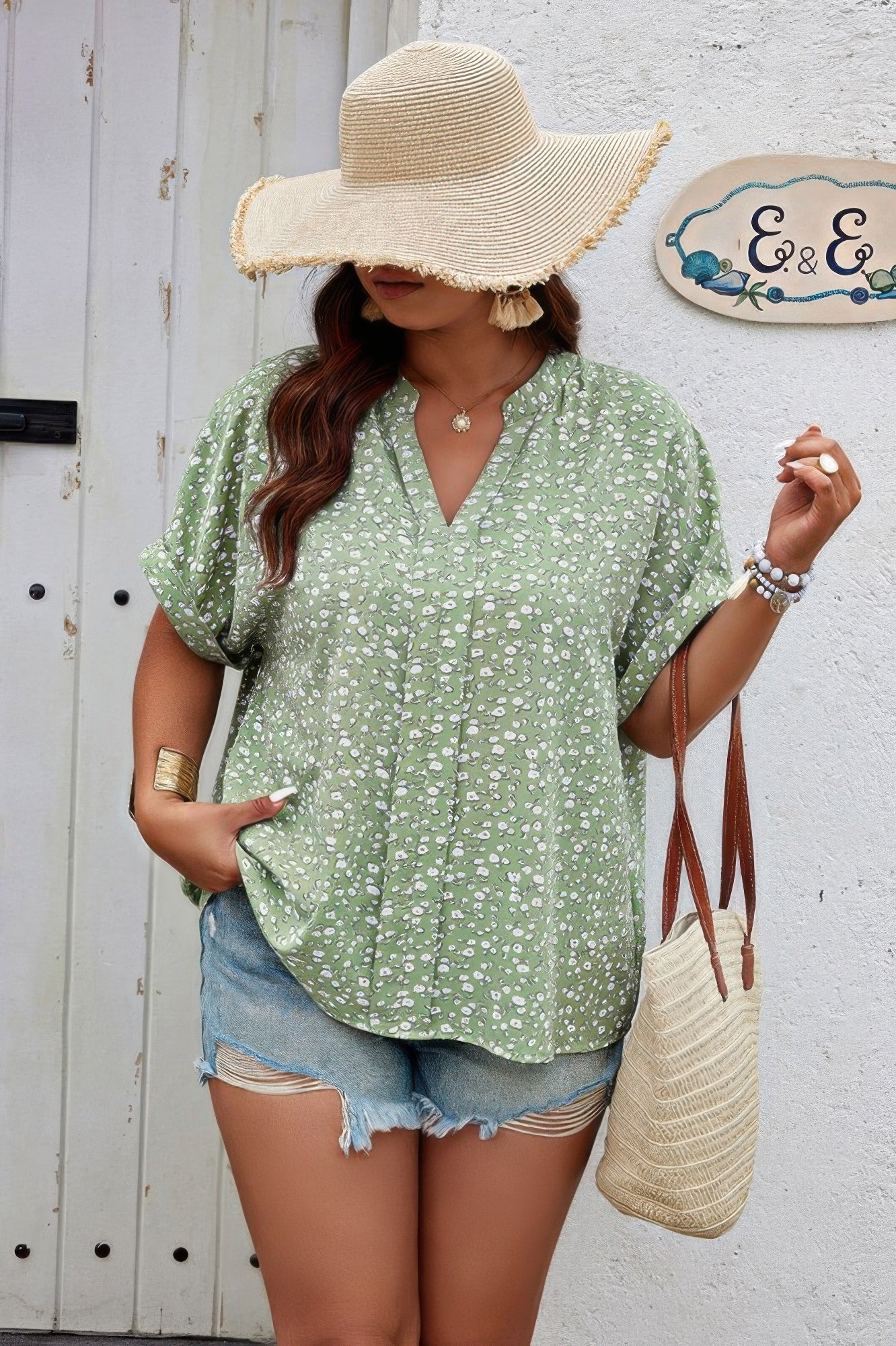 Plus Floral Print V Neck Short Sleeve Loose Blouse  Shop One Place