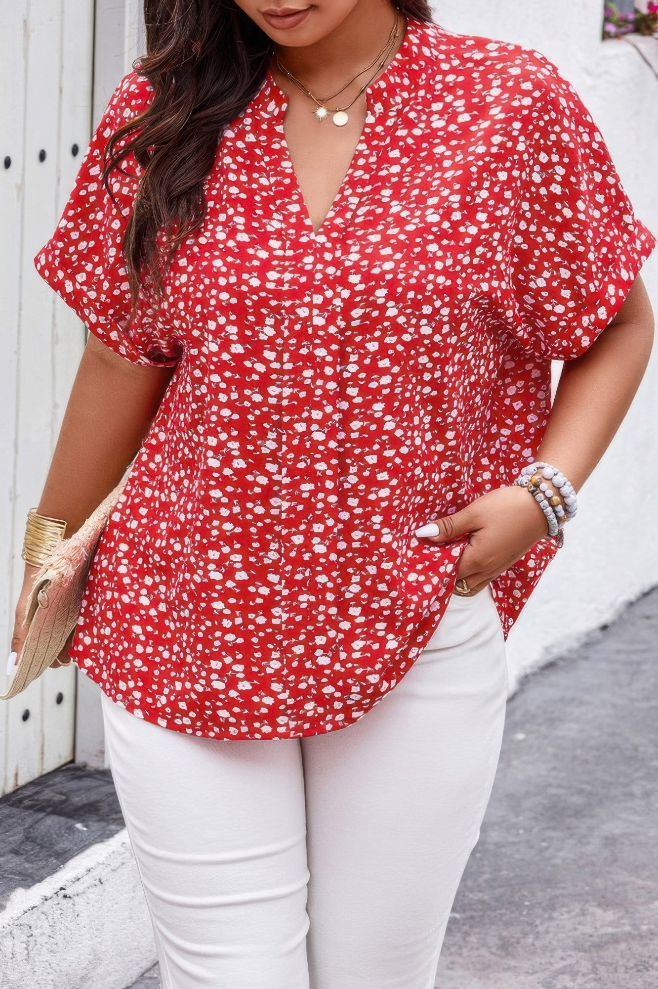 Plus Floral Print V Neck Short Sleeve Loose Blouse  Shop One Place