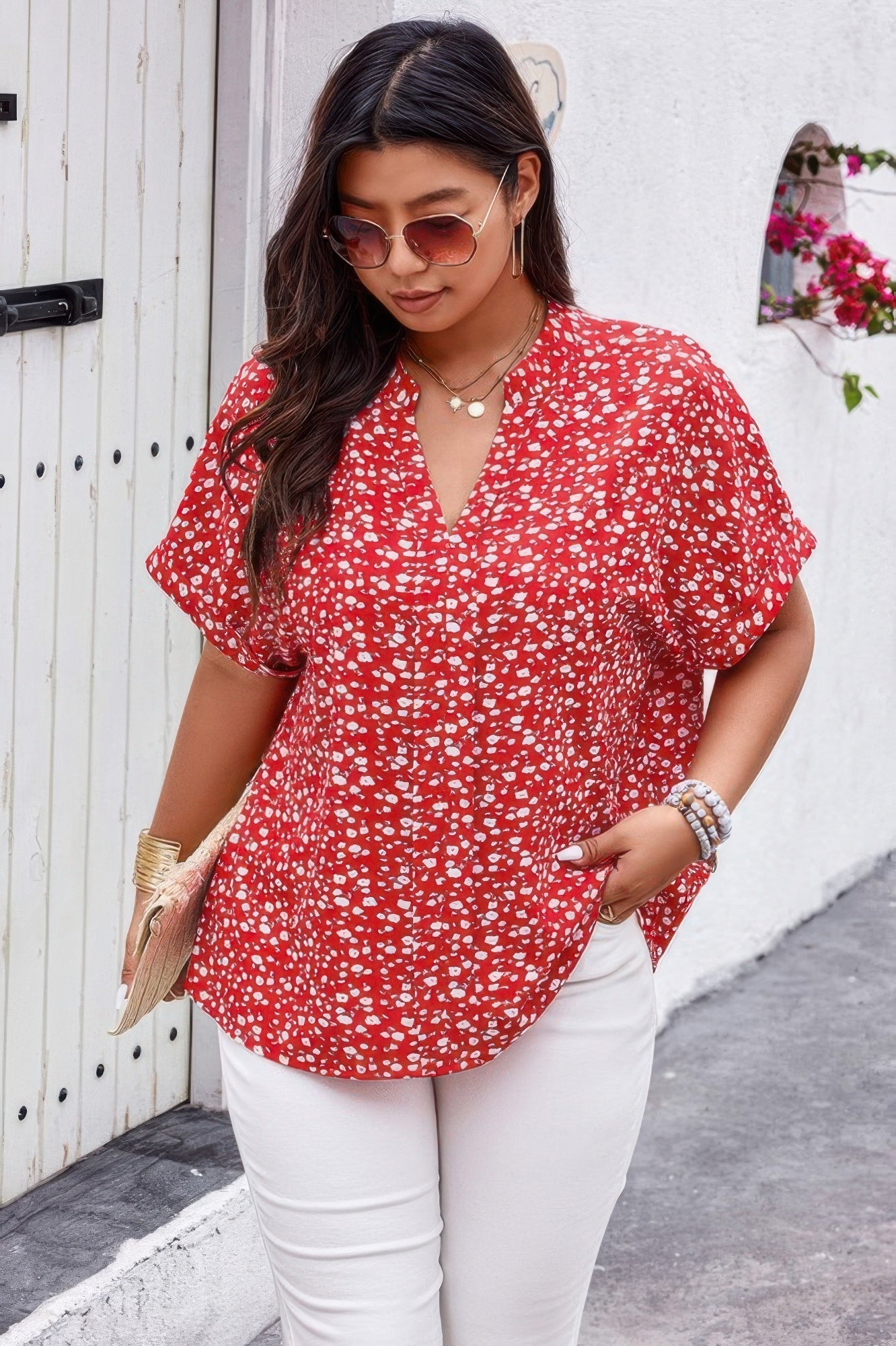 Plus Floral Print V Neck Short Sleeve Loose Blouse  Shop One Place
