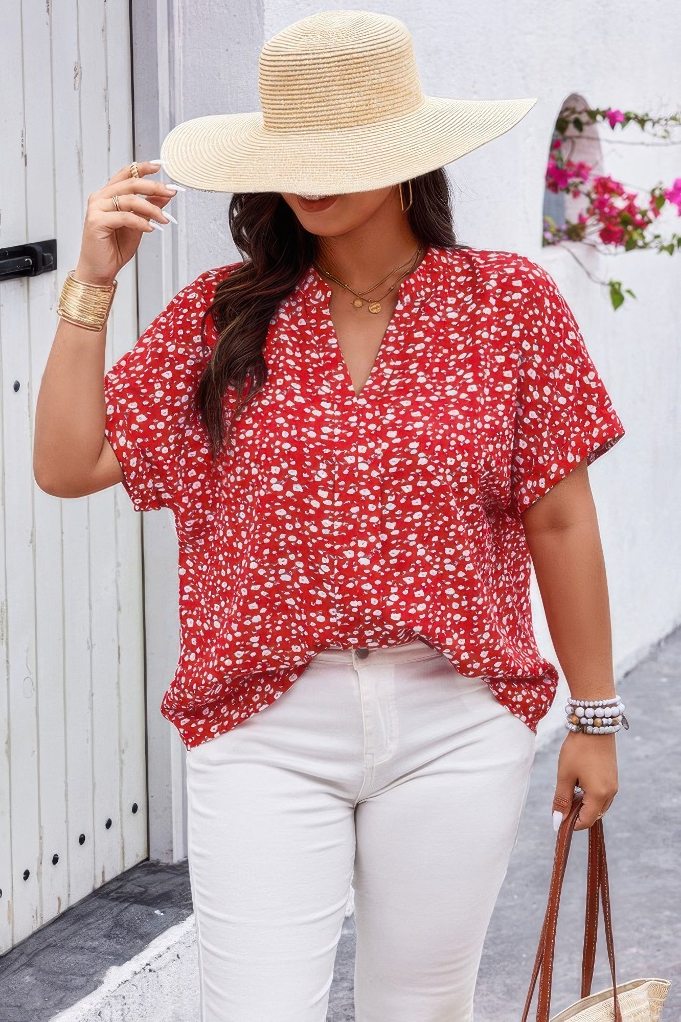 Plus Floral Print V Neck Short Sleeve Loose Blouse  Shop One Place