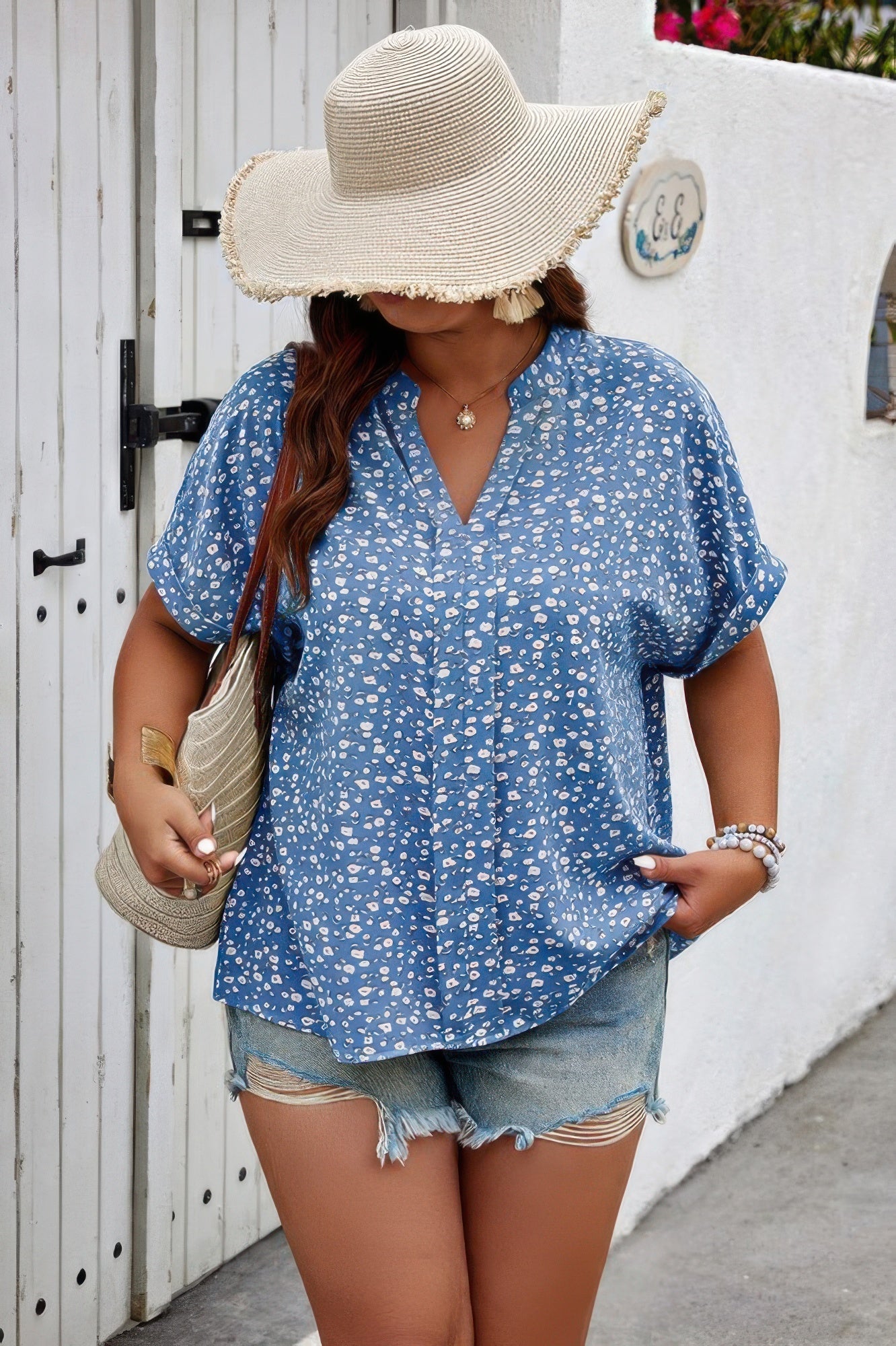 Plus Size Floral Print V Neck Short Sleeve Blouse  Shop One Place
