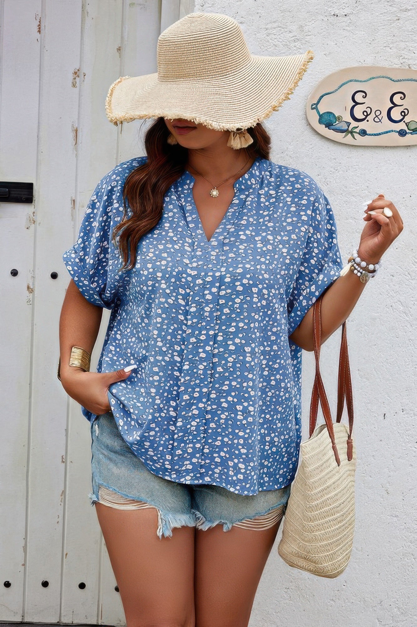 Plus Size Floral Print V Neck Short Sleeve Blouse  Shop One Place