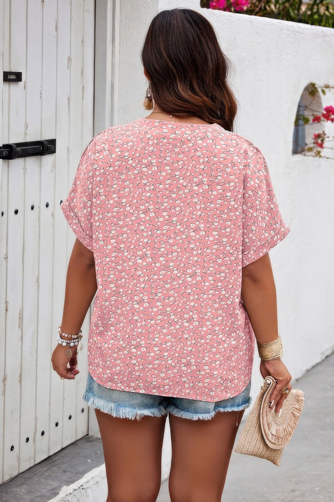 Plus Size Floral Print V Neck Short Sleeve Blouse  Shop One Place