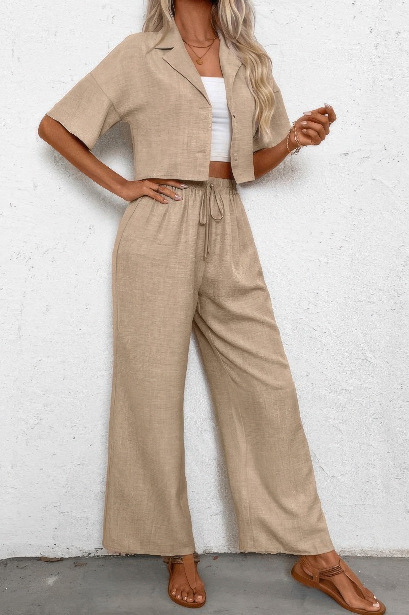 Drop Shoulder Tie Front Wide Leg Pant Set  Shop One Place