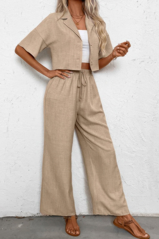 Drop Shoulder Tie Front Wide Leg Pant Set  Shop One Place