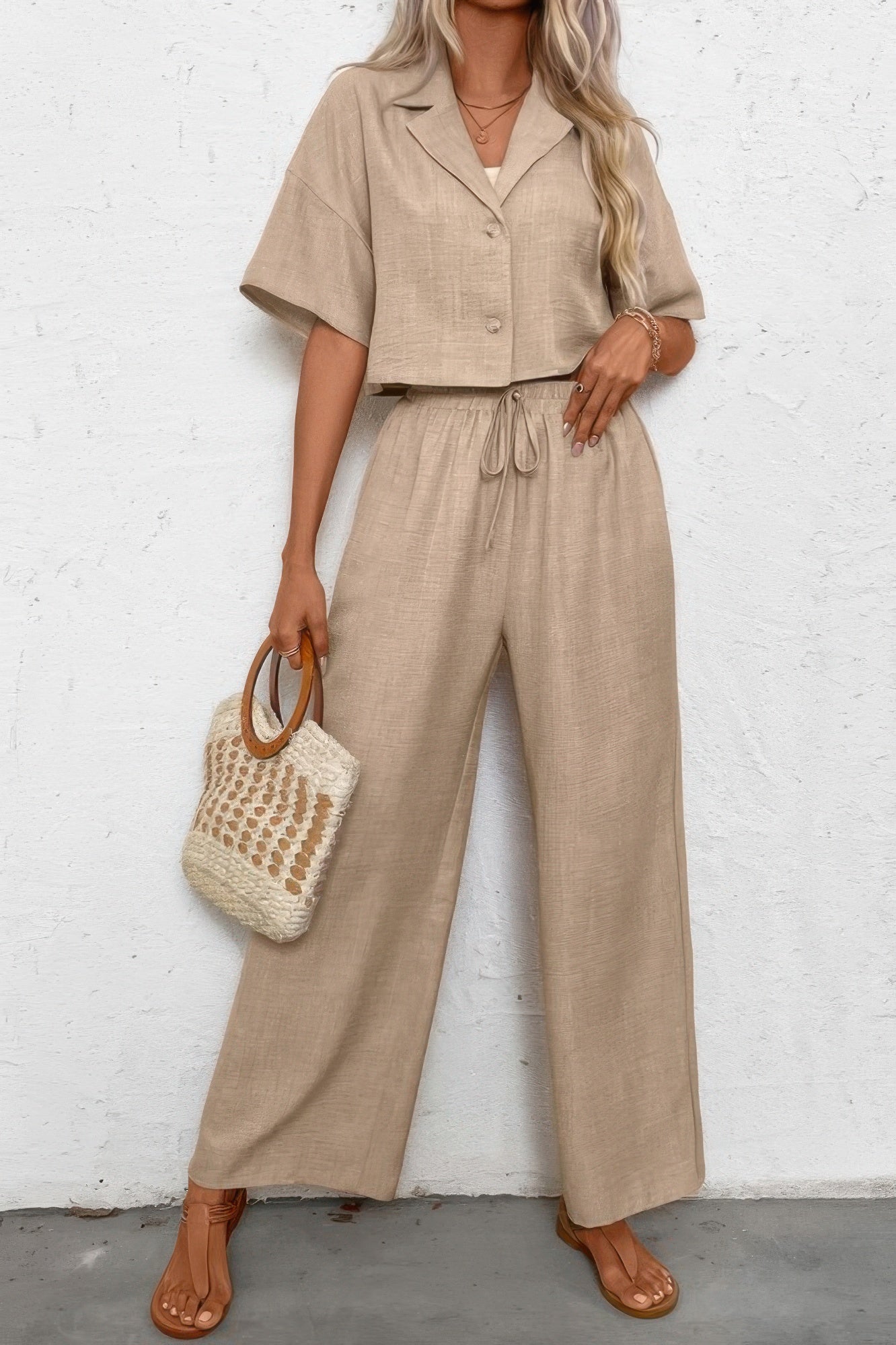 Drop Shoulder Tie Front Wide Leg Pant Set  Shop One Place