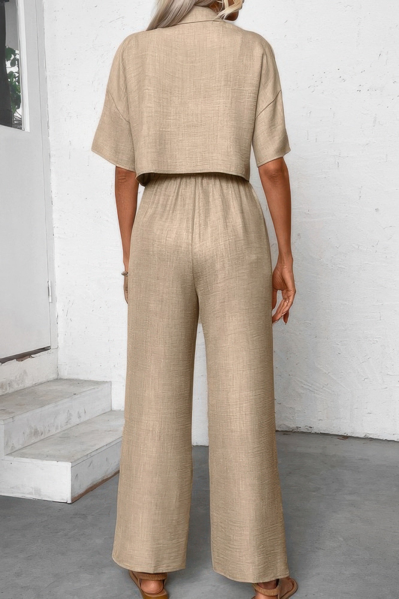 Drop Shoulder Tie Front Wide Leg Pant Set  Shop One Place