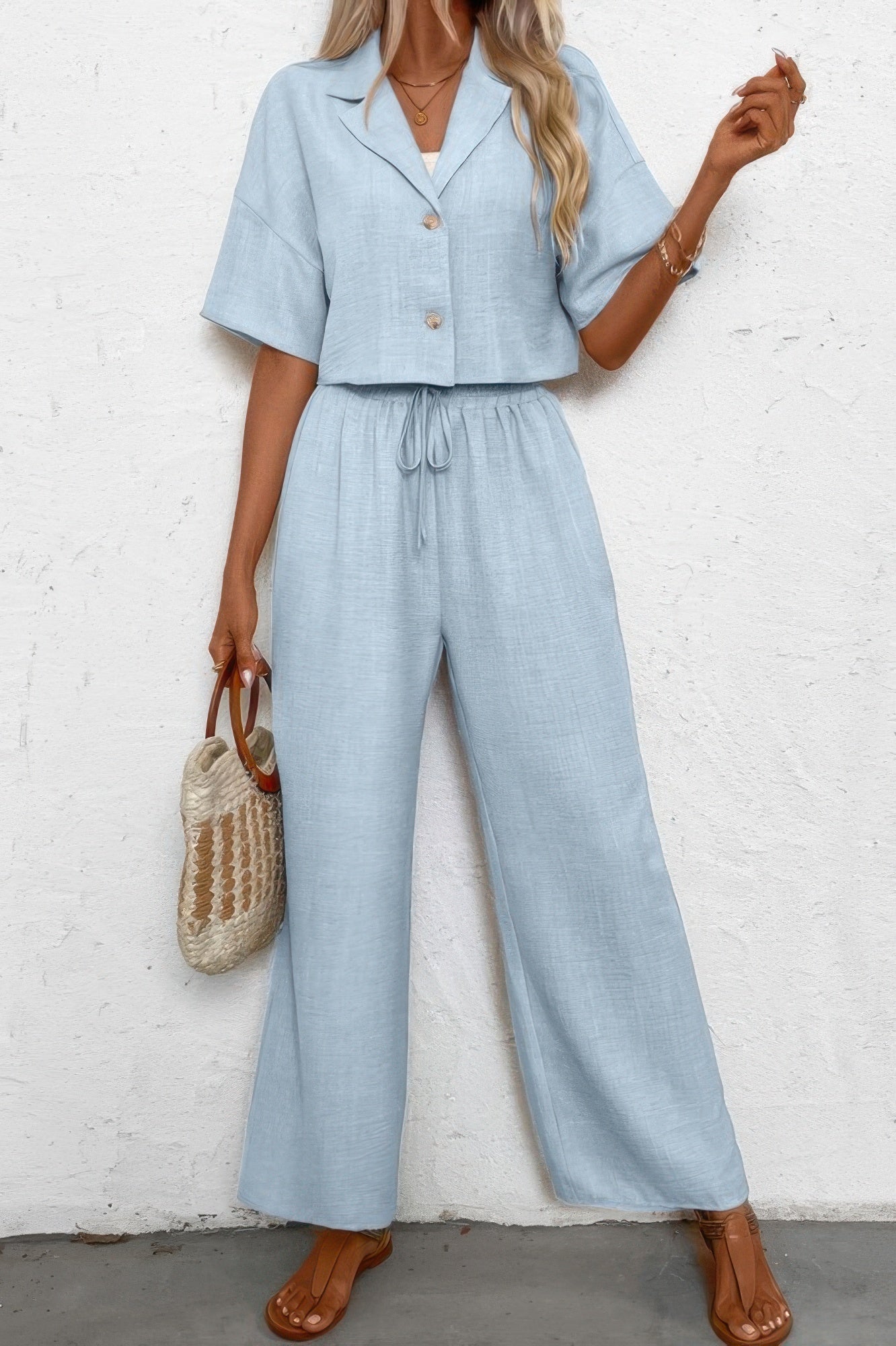 Drop Shoulder Tie Front Wide Leg Pant Set  Shop One Place