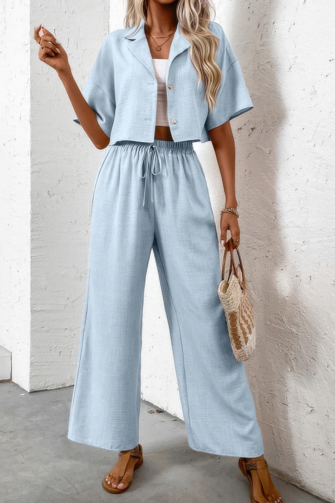Drop Shoulder Tie Front Wide Leg Pant Set  Shop One Place