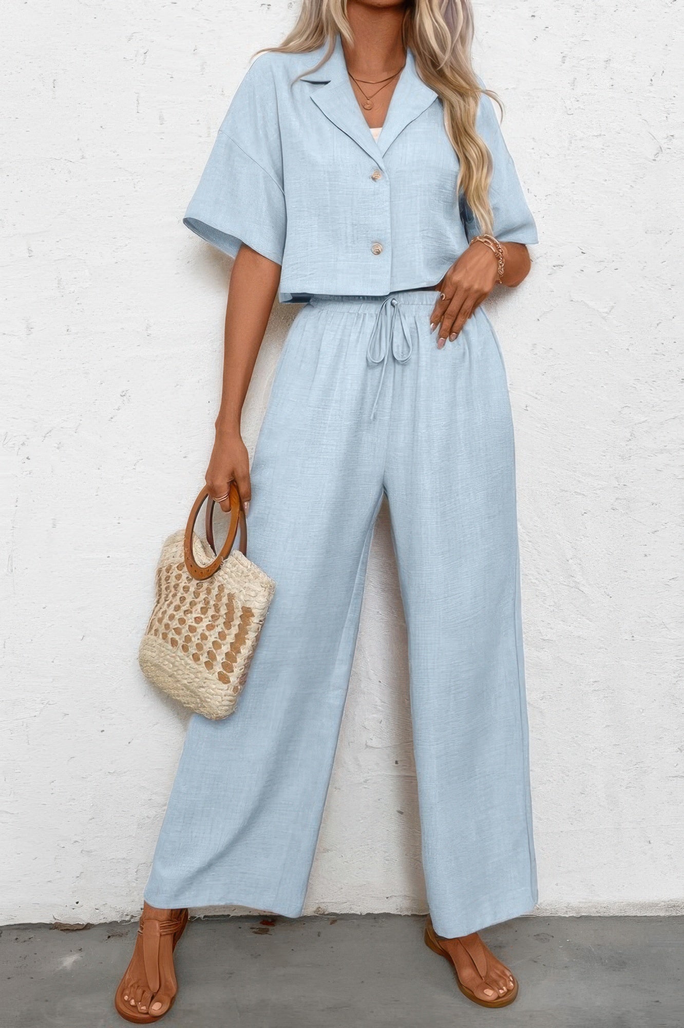 Drop Shoulder Tie Front Wide Leg Pant Set  Shop One Place
