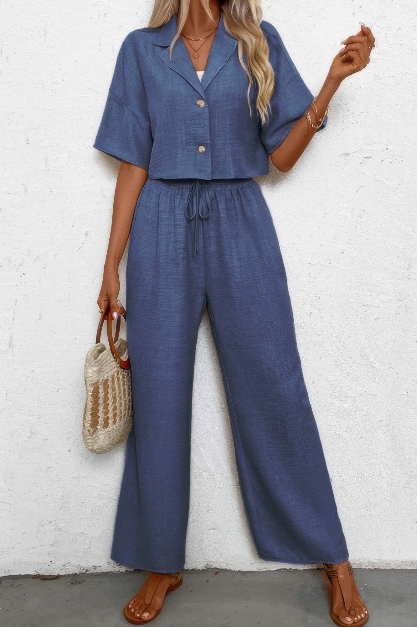 Drop Shoulder Tie Front Wide Leg Pant Set  Shop One Place