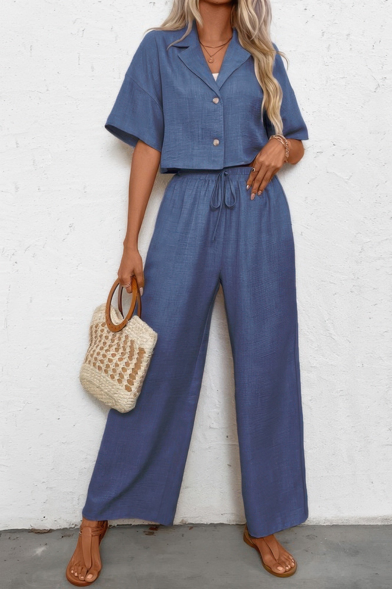 Drop Shoulder Tie Front Wide Leg Pant Set  Shop One Place