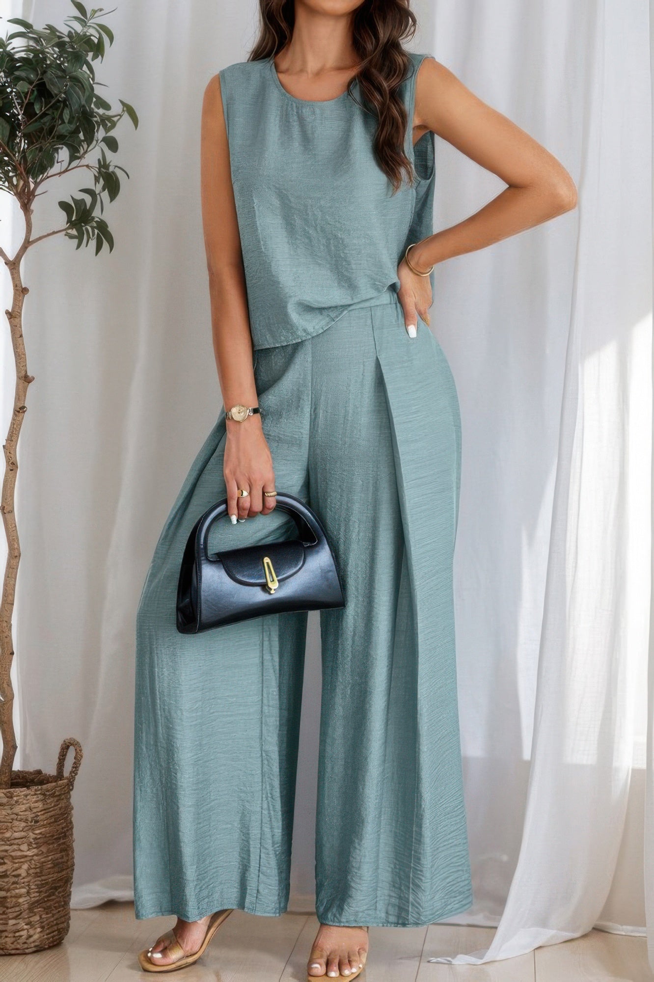 Two Pieces Solid Tank Wide Leg Pants Set  Shop One Place