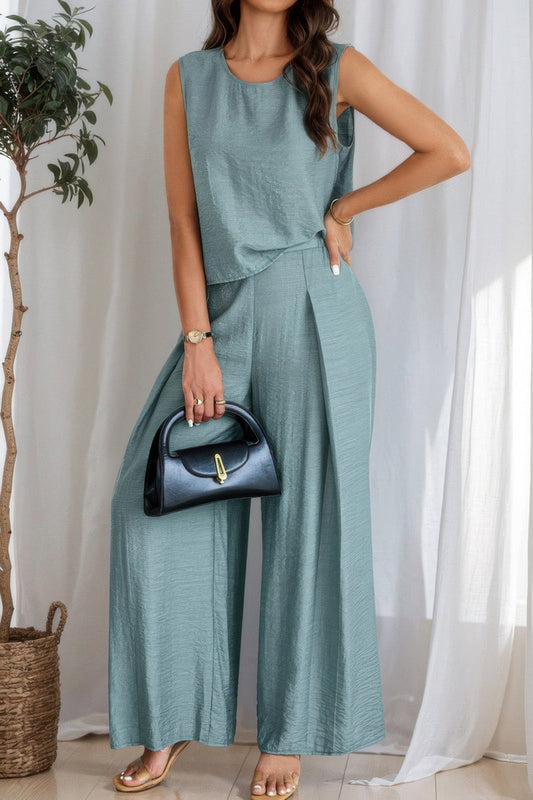 Two Pieces Solid Tank Wide Leg Pants Set  Shop One Place
